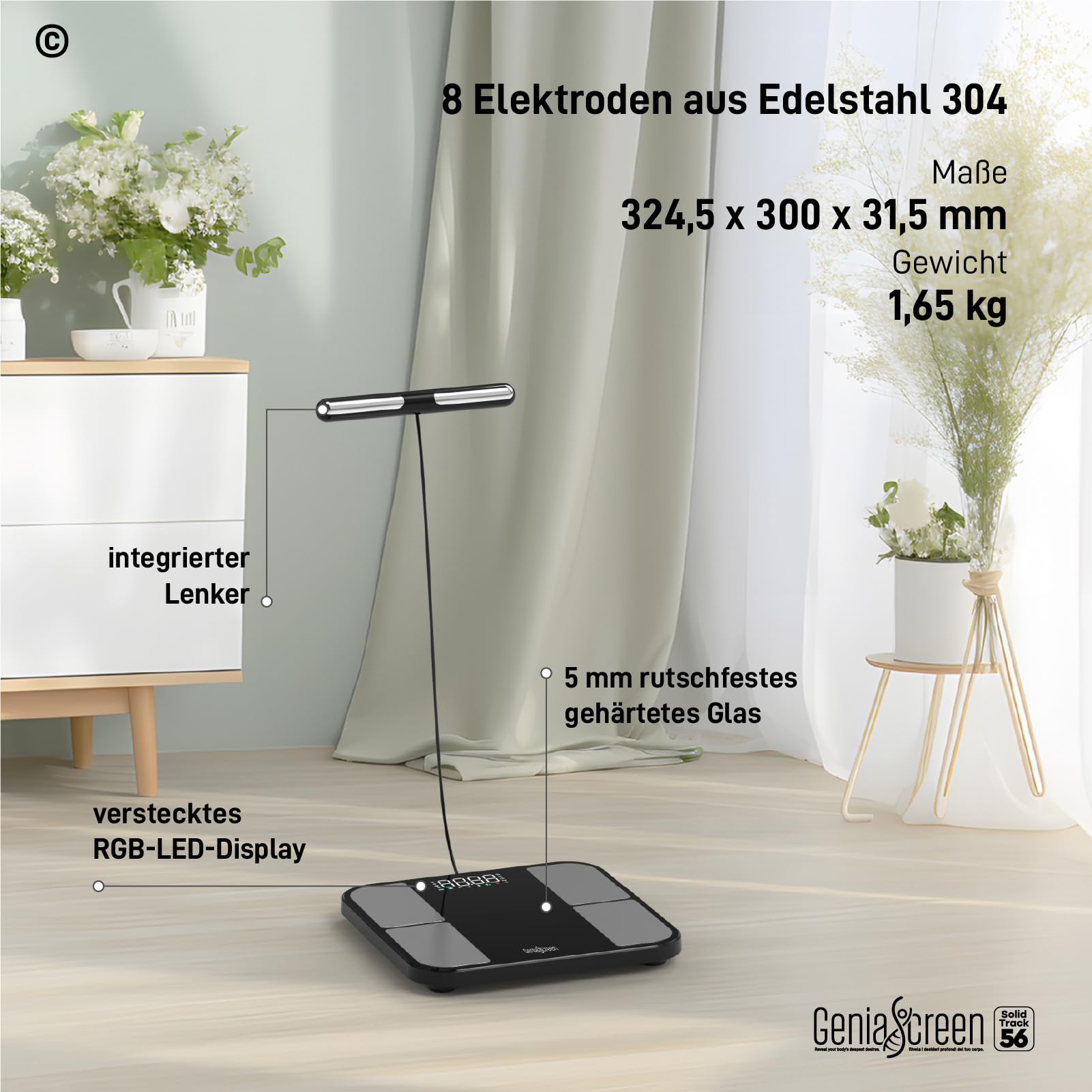 Körperfettwaage Digitale Personenwaage Smart mit 8 Elektroden 56 Messungen für Körpergewicht Gehärtetem Glas 32x30cm Tragkraft 180Kg LED-Display GeniaScreen SolidTrack - Muskelmasse Fett BMI Bluetooth