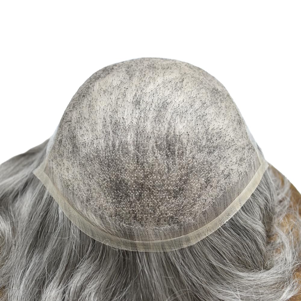 Mens Toupee Real Human Hair Pieces Replacement System Swiss Lace Hairpieces for Men Breathable Toupee for Men Poly Hair Systems 8X10#60RY AlI White 100% Density