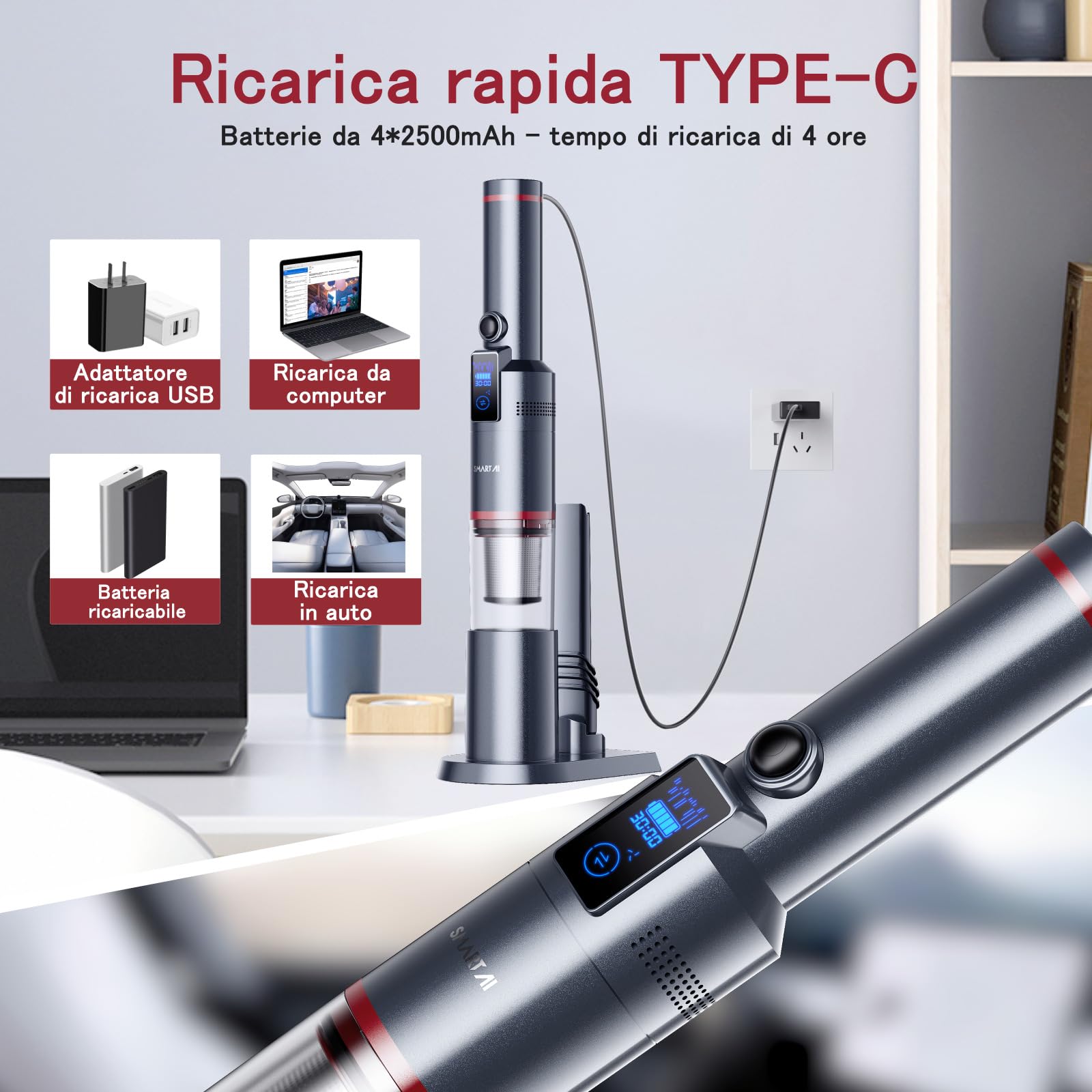 Aspirapolvere a mano, 17000 Pa, mini LED senza fili, batteria a batteria, 30 minuti, leggero, per auto, casa, camper, peli di animali, con supporto di ricarica, carica di tipo C, scatola di