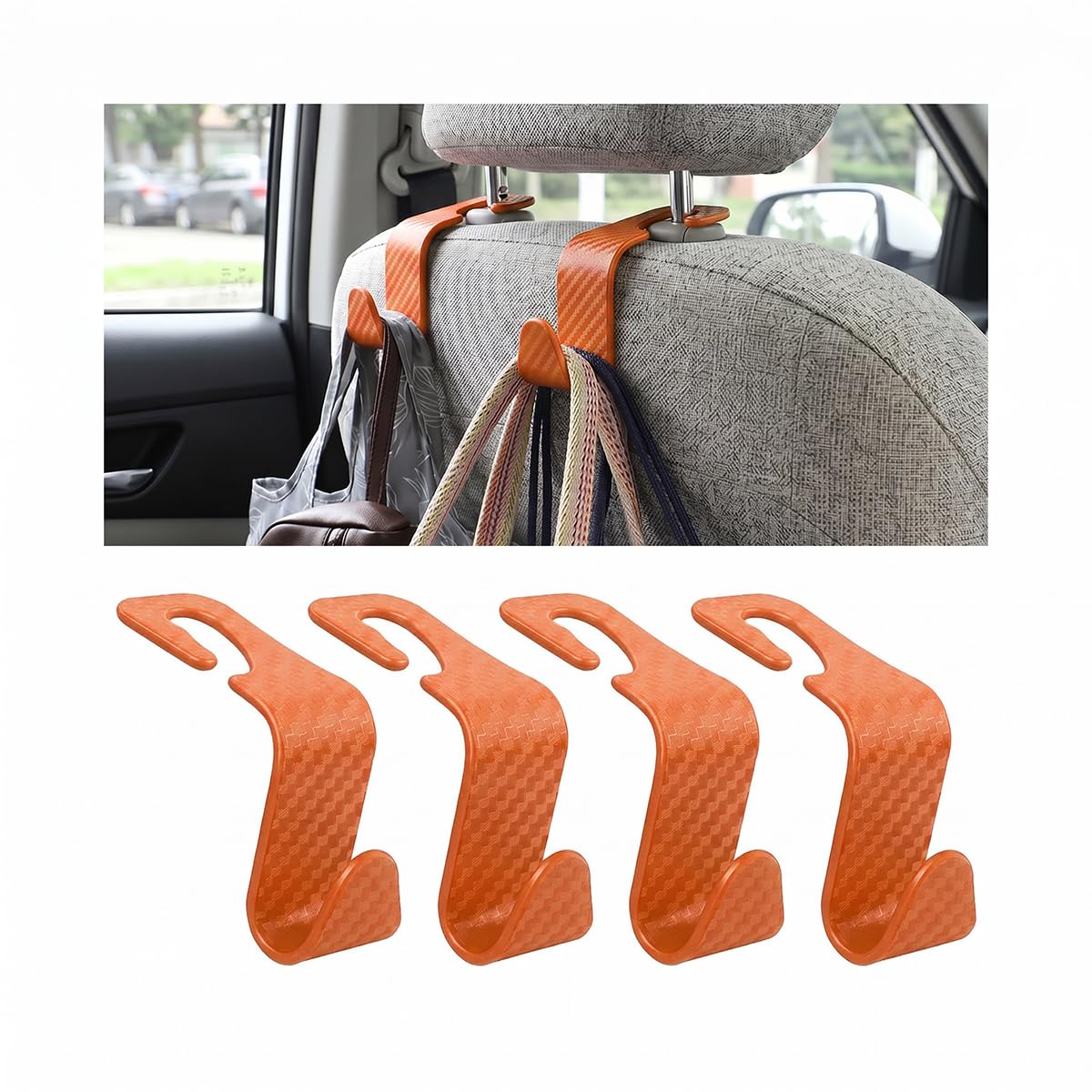 4 Pack Headrest Hooks for Vehicle Seats, Carbon Fiber/Orange