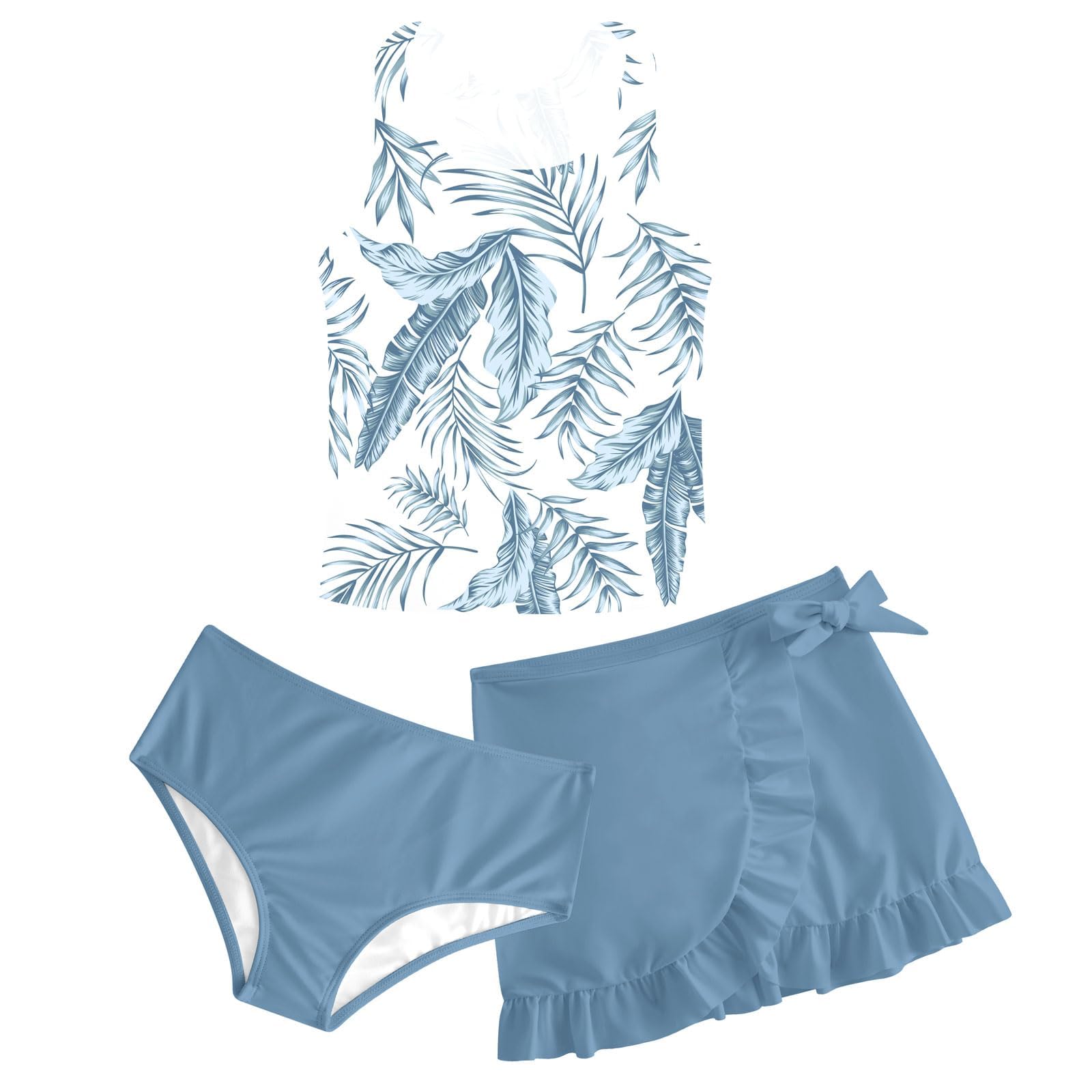 Girls Swimsuit 3 Piece Bathing Suit Quick Dry Tankini Set with Cover Up Beach Skirt Tankini Swimwear 5-16 Years