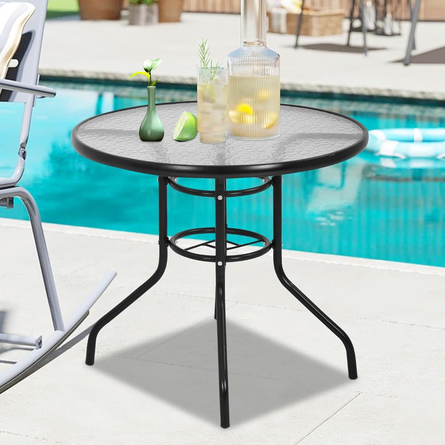 Glass Patio Table with 1.57" Umbrella Hole, 32 Inch Square Outdoor Bistro Dining Table with Tempered Glass Top & Sturdy Steel Frame for Poolside Yard Lawn Balcony (Round)