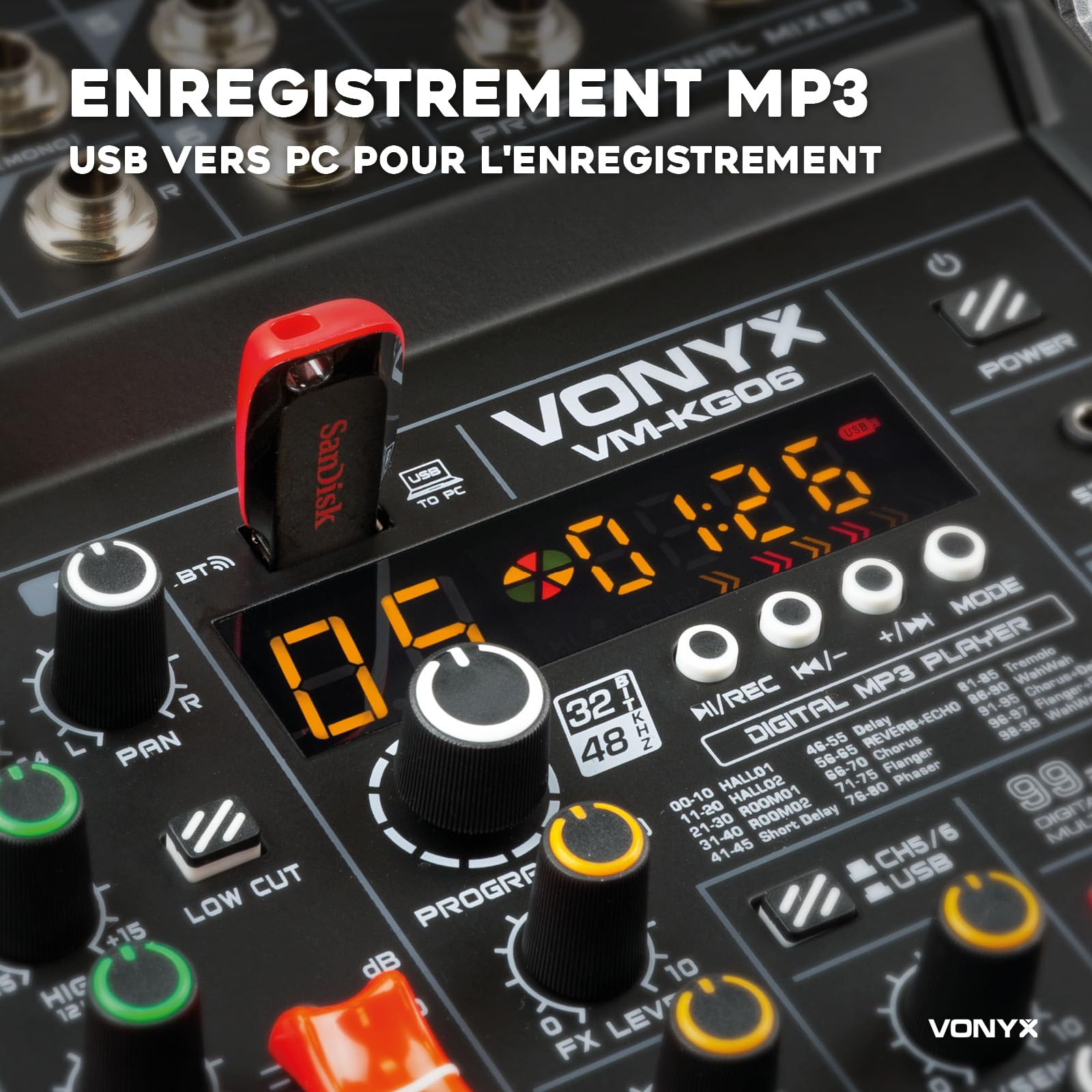 Vonyx VM-KG06 Console de Mixage 6 Canaux - Avec Bluetooth, Lecteur MP3, Interface Audio USB, Processeur de Son, Alimentation Fantôme, Écran LED, Idéal pour les Bars, Petite Salles de Concerts