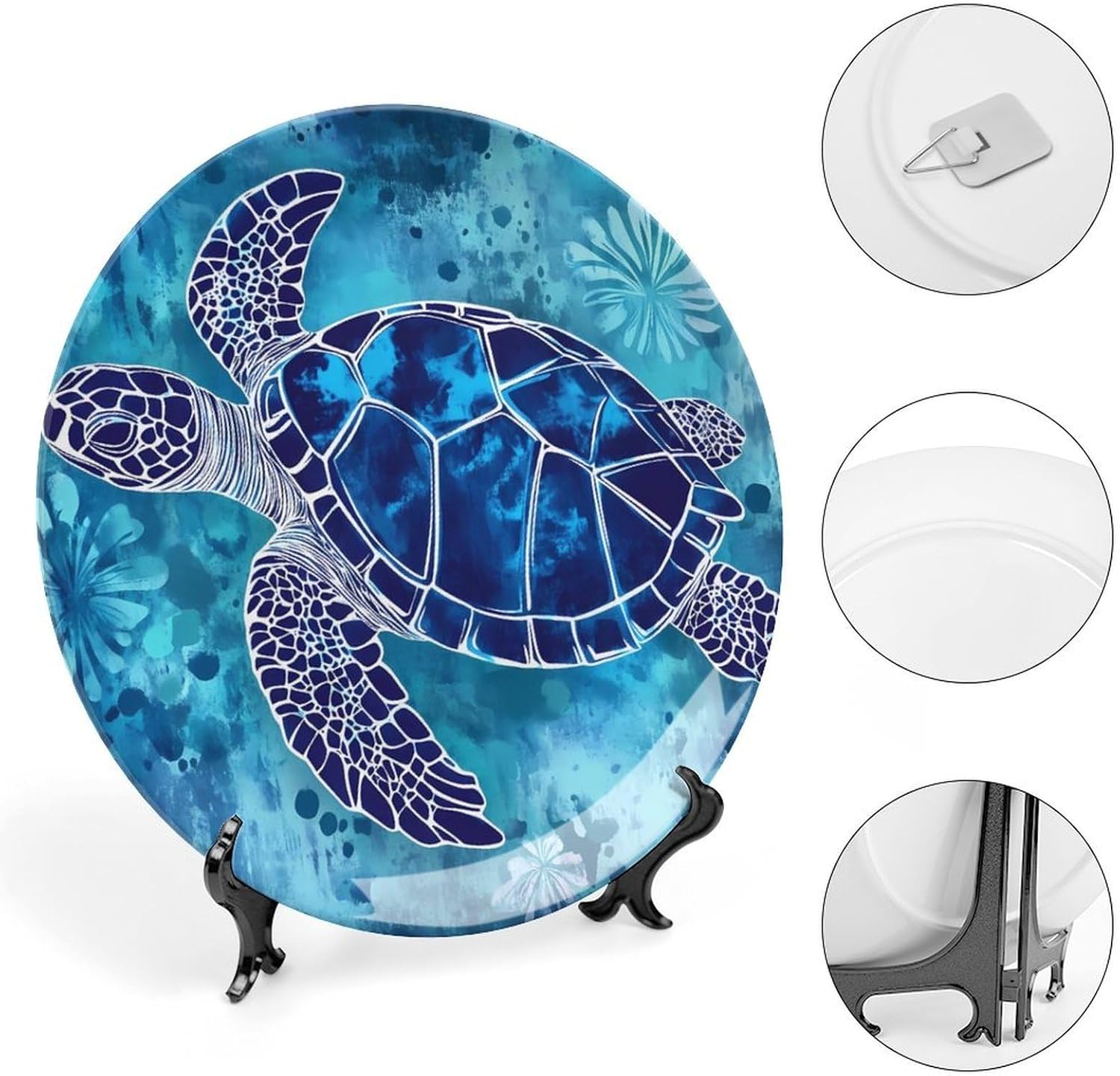 Turtle Ocean Daisy Flowers Decorative Plates for Display Ceramic Plate Tray with Stand Hanger Home Decor