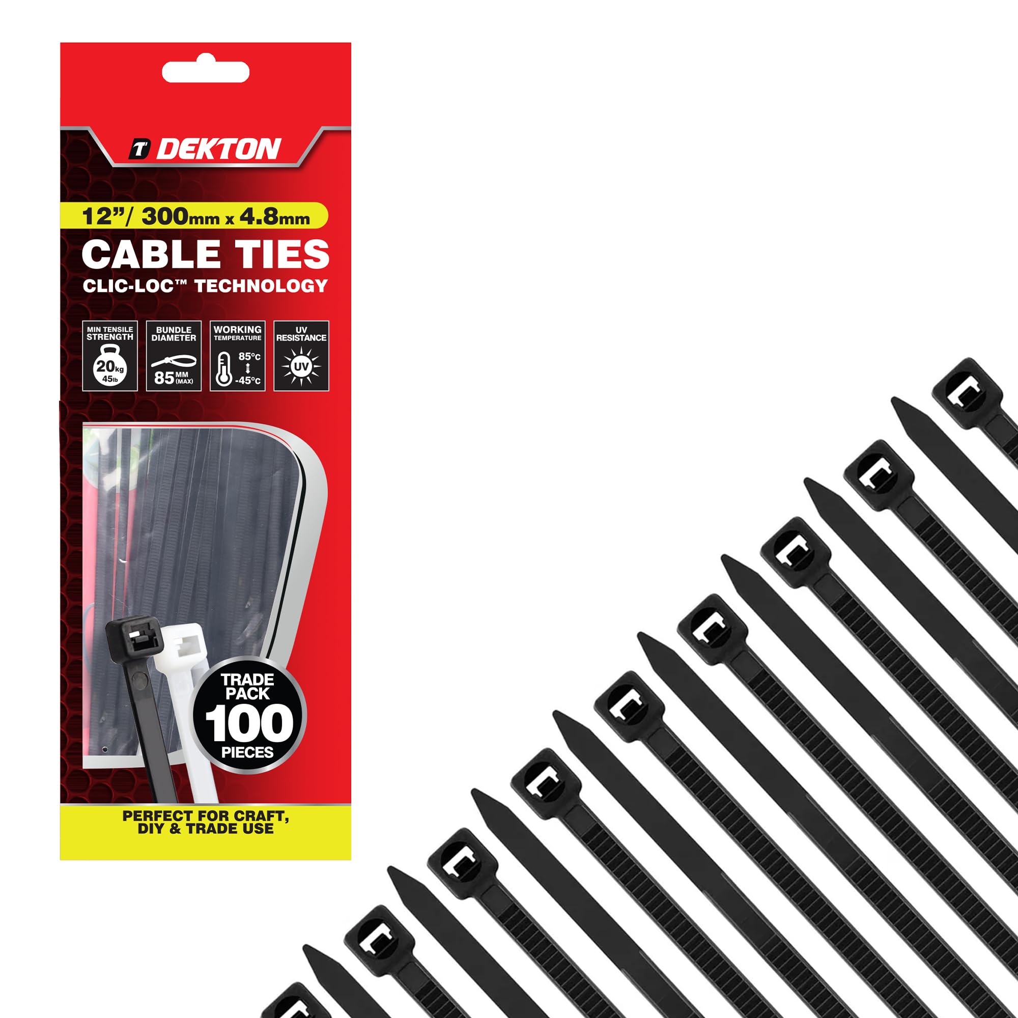 Dekton 100PC Cable Tie Set - 4.8MM X 300MM Black | Heavy Duty Industrial Strength | High Temperature Resistant | Self-Locking Teeth | Ideal for Cables, Piping, Gardening & Wires | Indoor & Outdoor Use