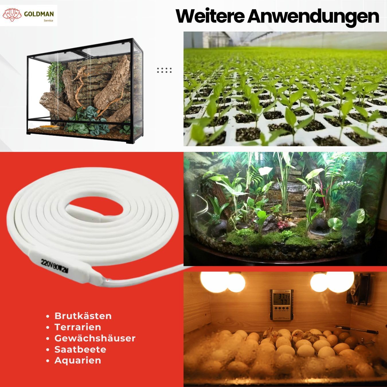 GOLDMAN SERVICE | Heizkabel bipolarer Silikonwiderstand Anti-Frost für Rohrleitungen | 2 Meter, 30 Watt | Inkubatoren, Aquarien, Reptilien, Gewächshäuser, Fermentation (2 m | 30W)