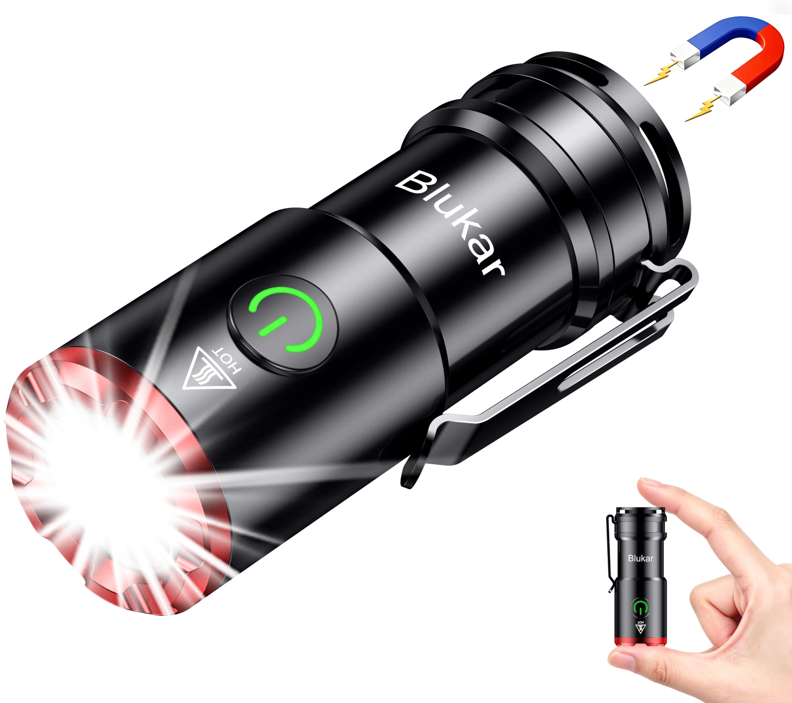 Blukar Taschenlampe LED Mini Aufladbar, EDC Torch mit Magnetbasis & Clip