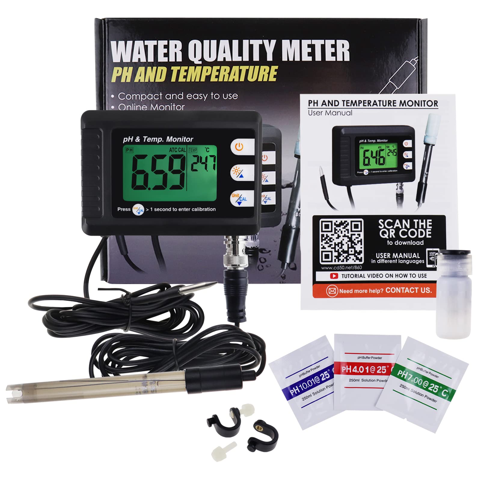 Misuratore Di Ph E Temperatura Combinato Digitale - Monitor Ph E Termometro Per Acquario Con Calibrazione Automatica - Ideale Per Laboratori Di Acquacoltura, Idroponica E Acquari