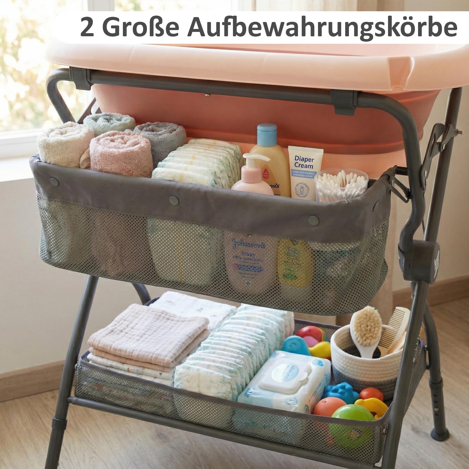 Twinly Bubbly – Faltbare 2-in-1-Baby-Badewanne – Ergonomisch verstellbare Höhe, abnehmbare Badewanne für Strand und Reisen, stabiler Stand mit Ablauf, ideal für kleine Badezimmer (Rosa)