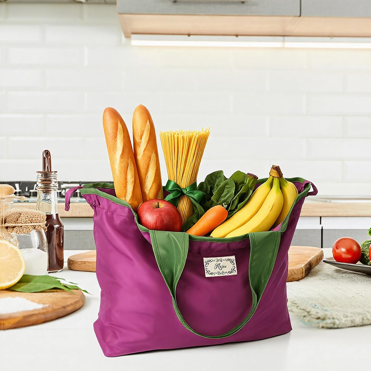 6 Pack Reusable Shopping Bags with Handles, Large Tote Bag Fits in Pocket | Lightweight Grocery Bags, Washable & Foldable, Drawstring Closure, Assorted Colors