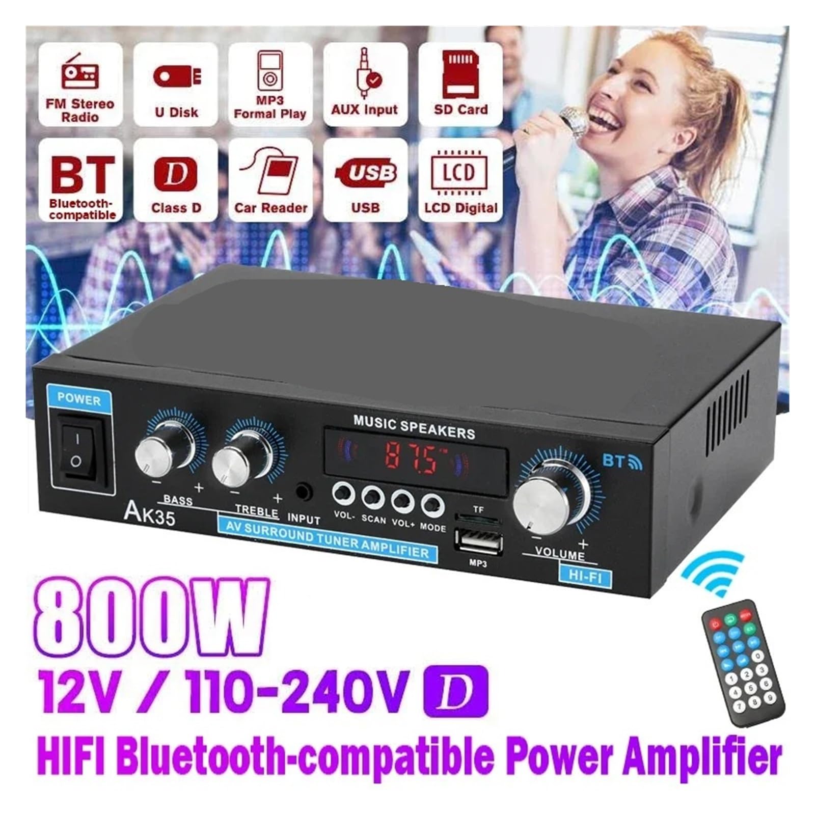 Amplificatore di potenza domestico a 2 canali Bluetooth 5.0 Mini amplificatore audio stereo digitale HiFi Per l'home cinema