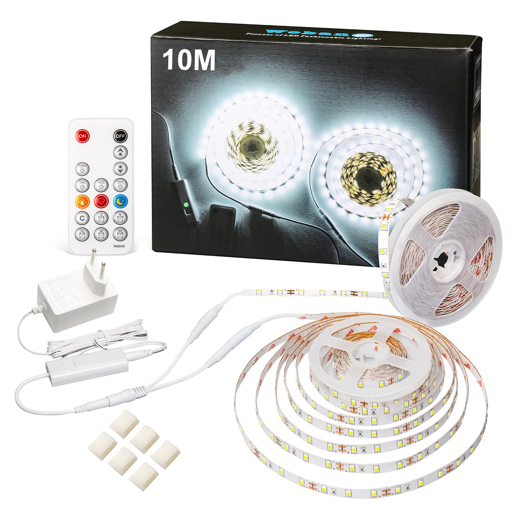 WOBANE LED Strip Weiß Dimmbar 10M Set,12V Selbstklebend LED Streifen,Superhell 6500K Kaltweiss LED Band mit RF Fernbedienung für Innen,Küche,Unterschrank,Esszimmer,Hochzeit,600 LEDs