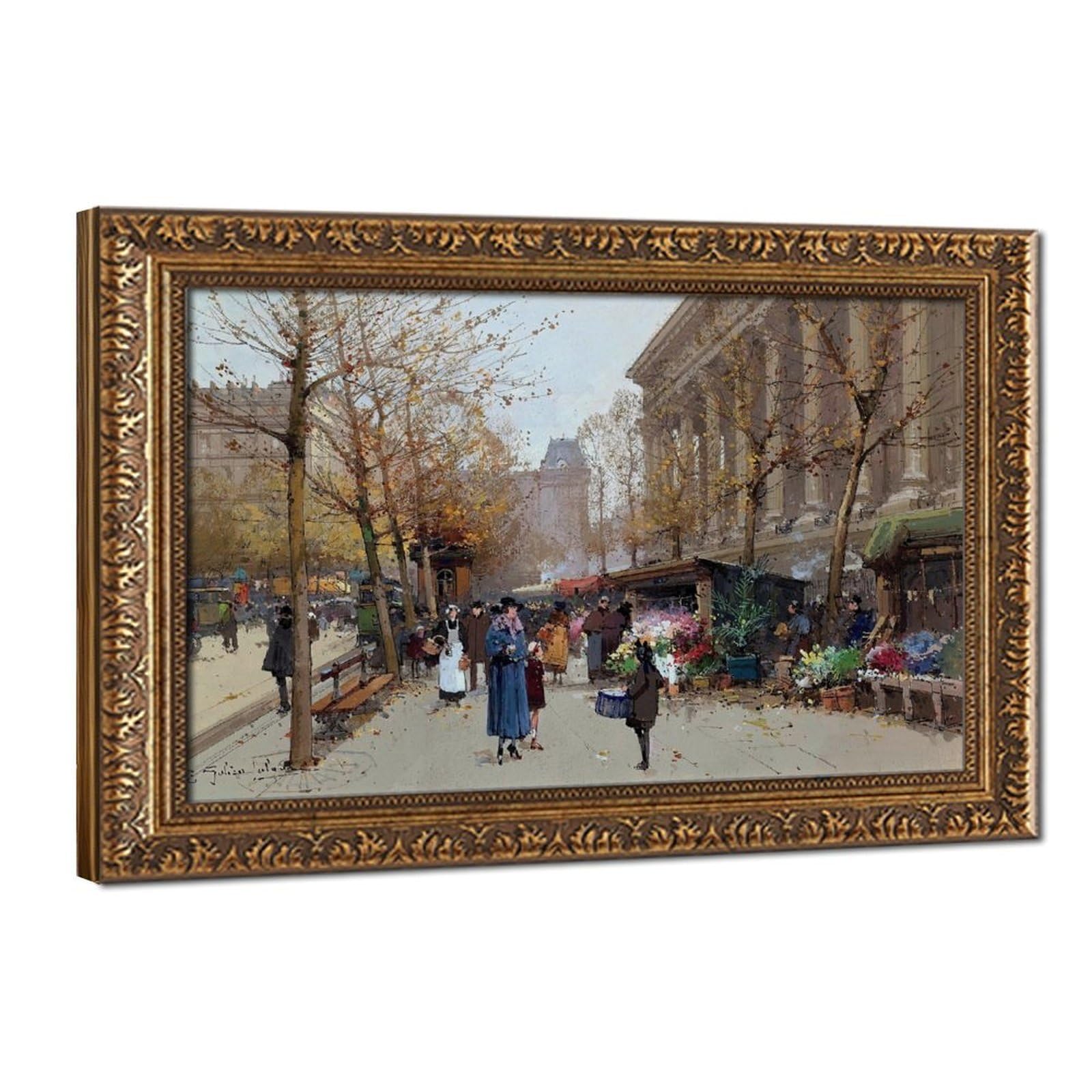 WCYB Stretched Canvas Flower Market, La Madeleine by Eugene Galien-laloue Street Scenes Prints Posters Canvas Deco Paintings Wall Art For Office Hangable F