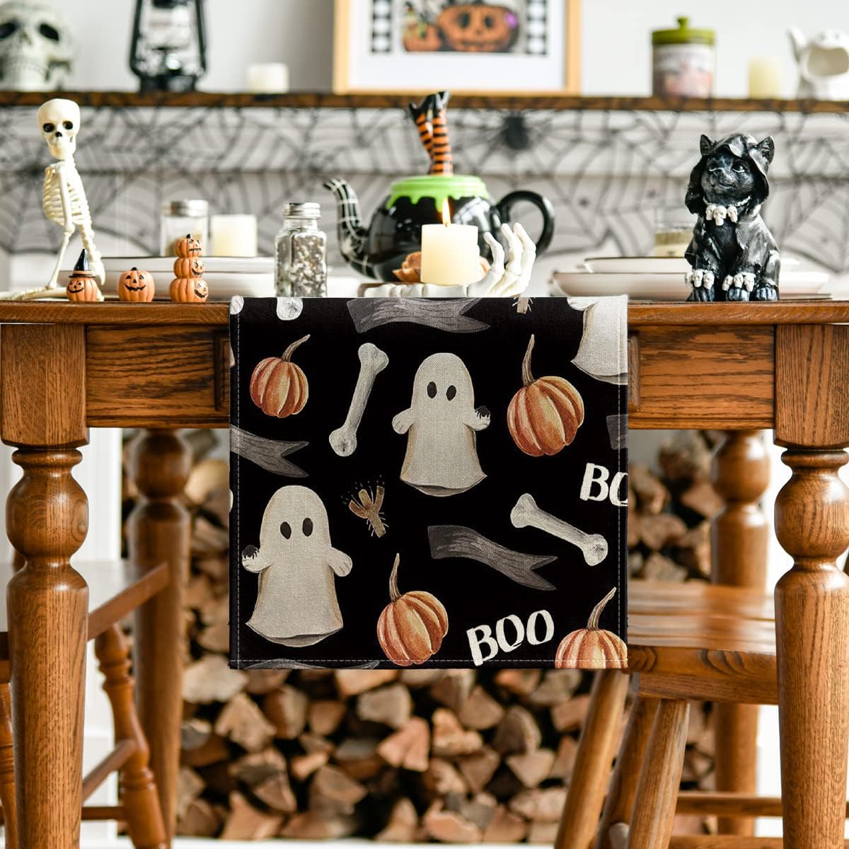 Artoid Mode Watercolor Ghost Pumpkins Bone Boo Table Runner Black, Seasonal Fall Spooky Halloween Holiday Kitchen Dining Table Decoration for Indoor Outdoor Home Party Decor 13 x 72 Inch