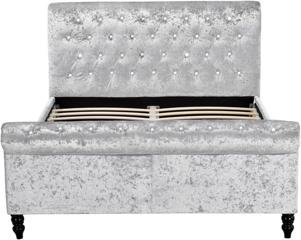 St. James Crushed Silver or Black Velvet Fabric Upholstered Diamante Scroll Headboard Sleigh Bed Frame Double / King Size by Sleep Design (Double 4ft6, Silver)