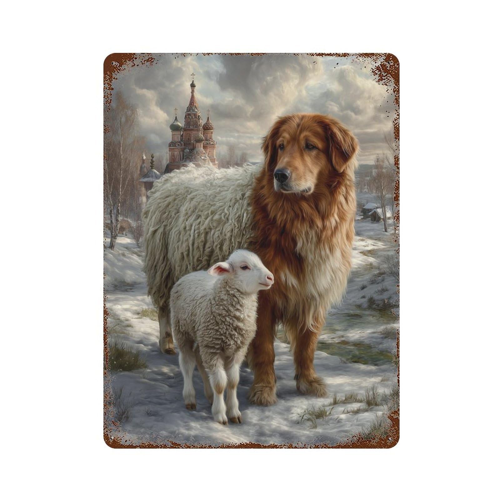 Golden Retriever with Sheep in Winter Scene 15.7"x11.8" Vintage Rust Metal Sign, Shabby Chic Decor for Cafe, Home Bar And Lounge Decor