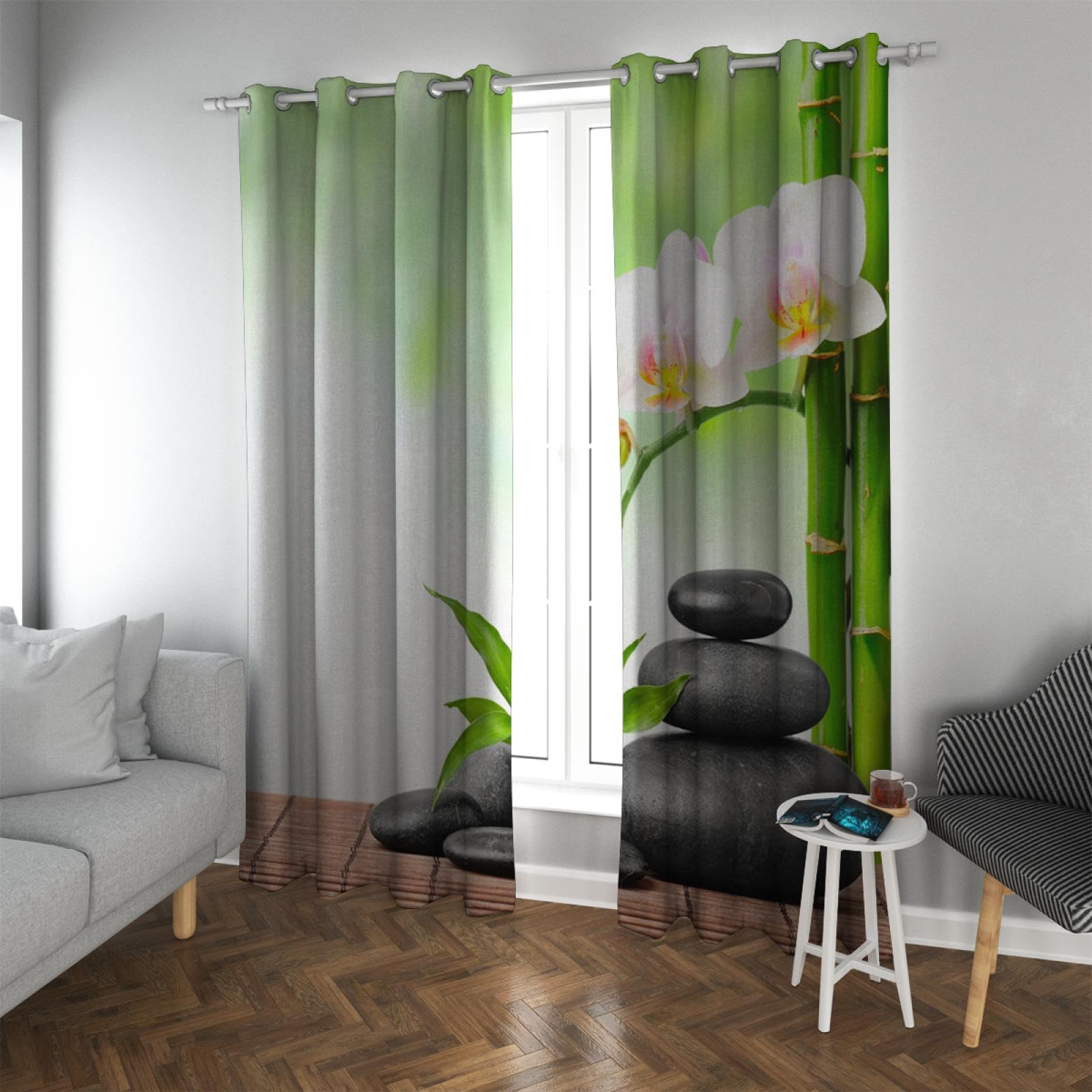 Zen kamienne bambusowe zasłony zaciemniające do spa, kwiatowe zasłony do biura, zasłony w stylu chińskim, oszczędność energii, zestaw 2 szt., wys. 210 x szer. 200 cm