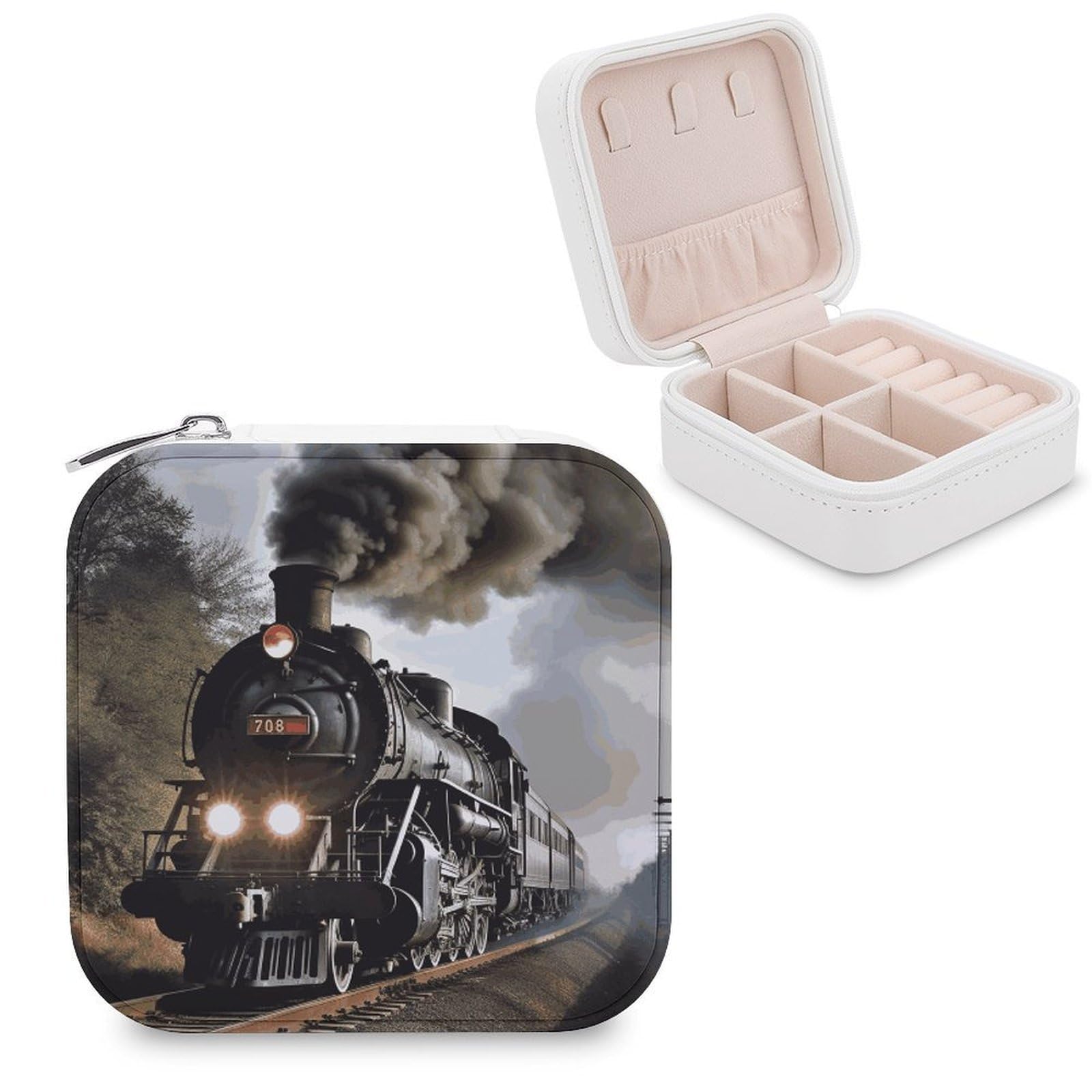 JTREHY Travel Steam Train Jewelry Case Portable Display Storage Box PU Leather Mini Jewelry Travel Case Personalized Travel Jewelry Organizer Small Jewelry Box for Women