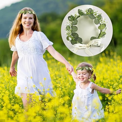 Miniatura 8 de UPIQNG Corona de flores para novia, corona de flores verdes, diadema de flores con cinta blanca, aro de hada, para mujeres y niñas, tocado para