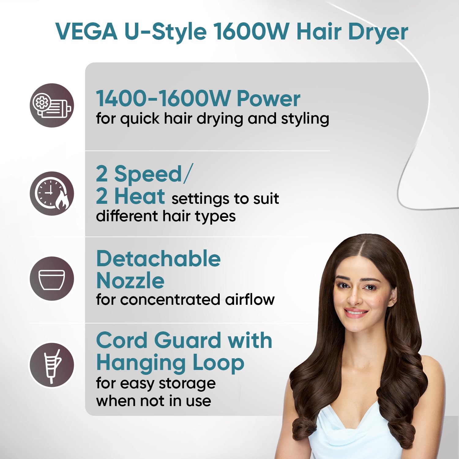 VEGA U Style 1400-1600W Foldable Hair Dryer for Women & Men with Cool Shot Button, 2 Speed/Heat Settings, Detachable Nozzle, Blow Dryer, 16 Amp Plug Fast Hair Drying, 2 Yrs Warranty (VHDH-24)