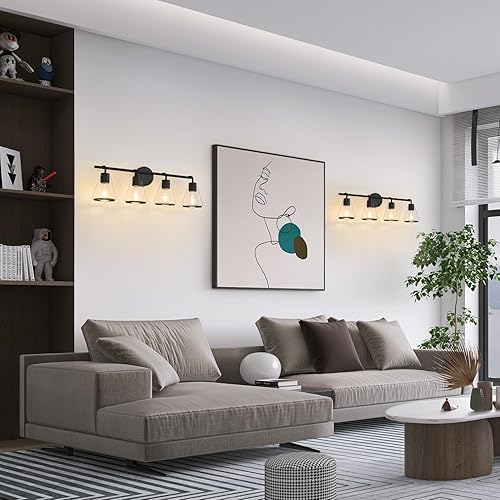 Miniatura 6 de Lámparas de baño negras de 4 luces para tocador de baño sobre espejo con pantalla de vidrio transparente, luces de tocador de 30 pulgadas para