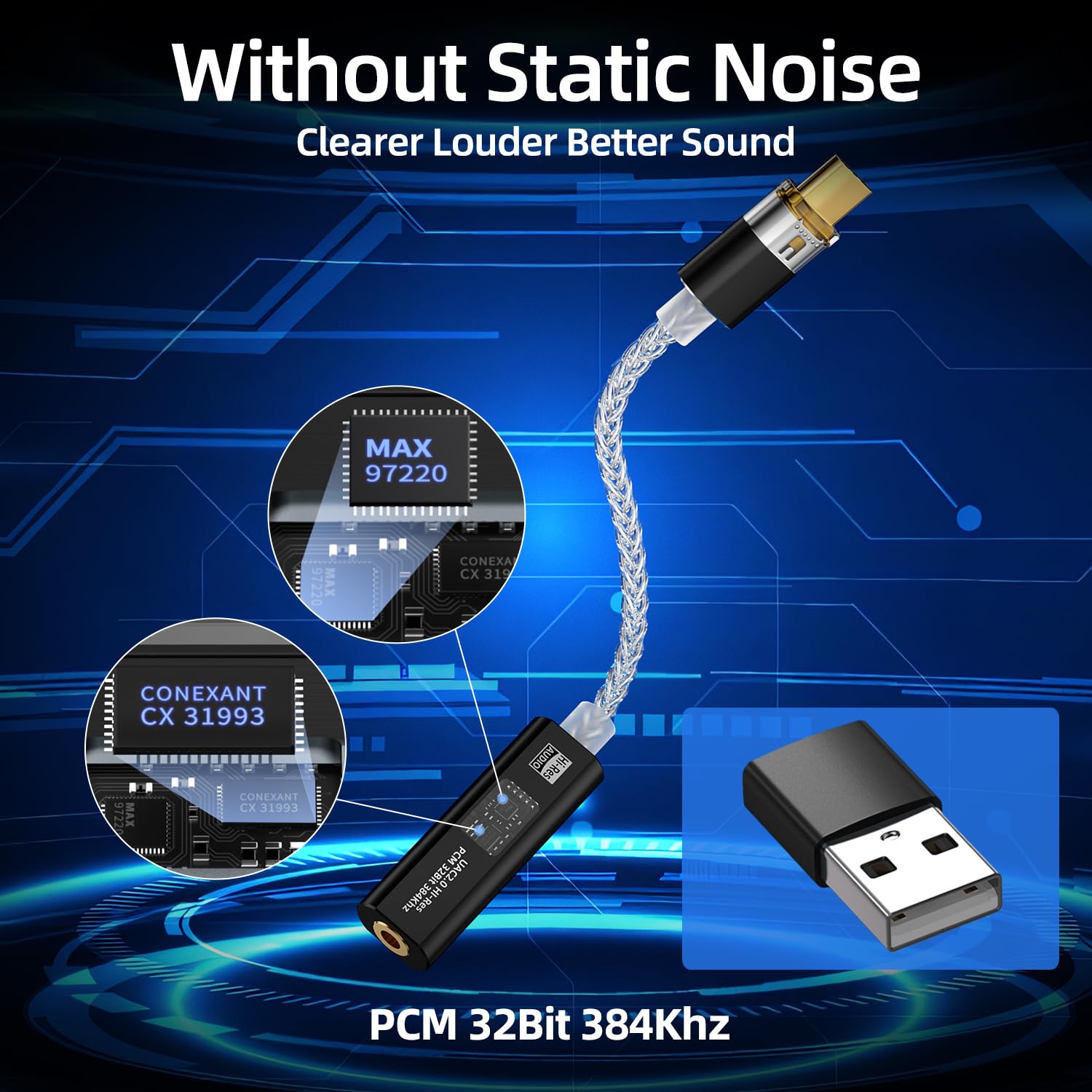 Adattatore per cuffie da USB C a DAC da 3,5 mm con doppio chip CX31993 e MAX97220, amplificatore di decodifica portatile ad alta risoluzione 32bit/384 kHz, con cavo OCC placcato argento per iPhone
