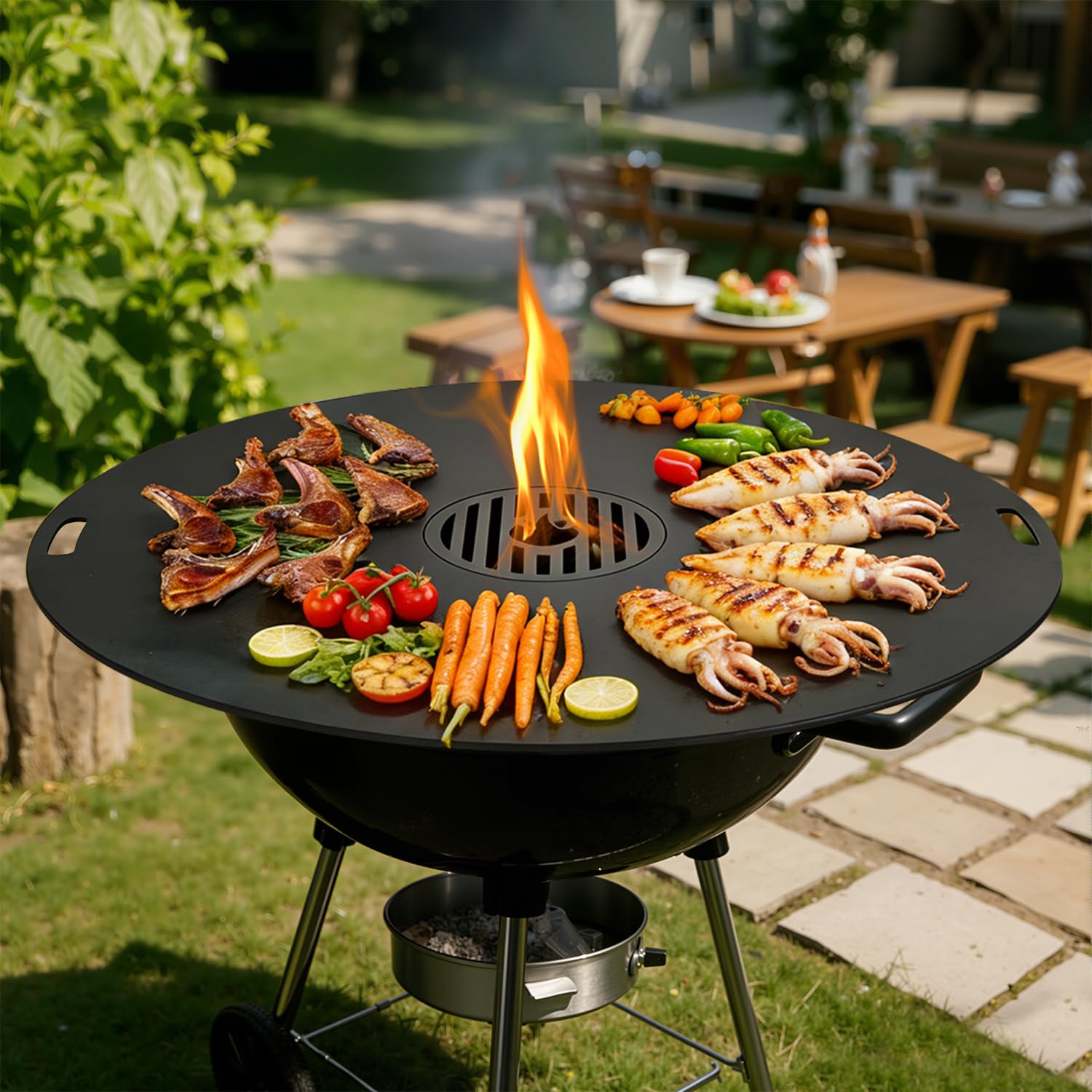 Feuerplatte 80 cm aus Carbonstahl, 5 mm stark, mit herausnehmbarem Grilleinsatz und Hitzeschutzhandschuh, passend für Feuertonne, Feuerschale und Feuerstelle
