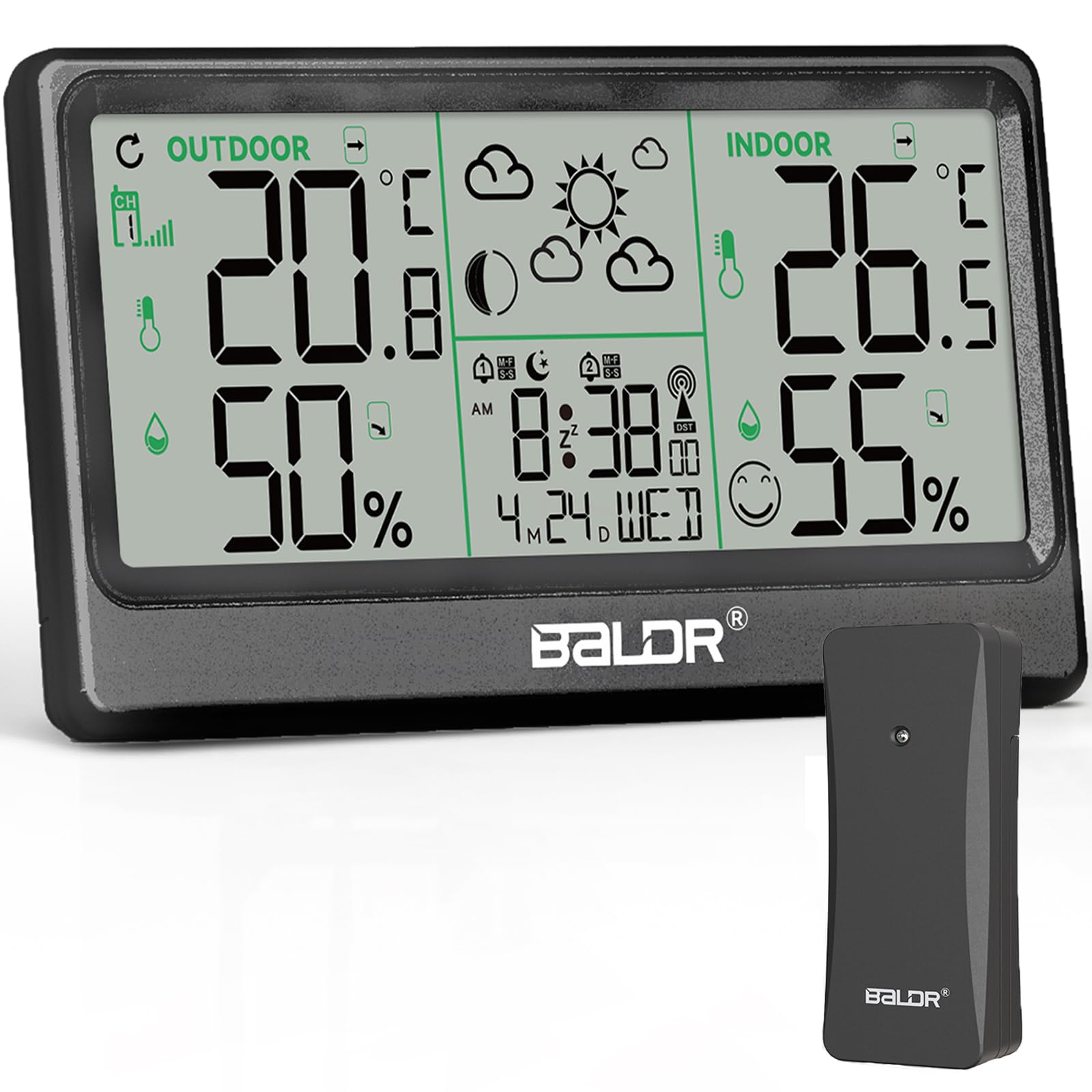 Estacion Meteorologica Inalámbrica, 8.5" Termómetro Higrómetro Barómetro Interior Exterior Reloj Atómico Pronóstico del Tiempo Reloj Digital Alarma Función de Repetición Pantalla de Hora Fecha Día