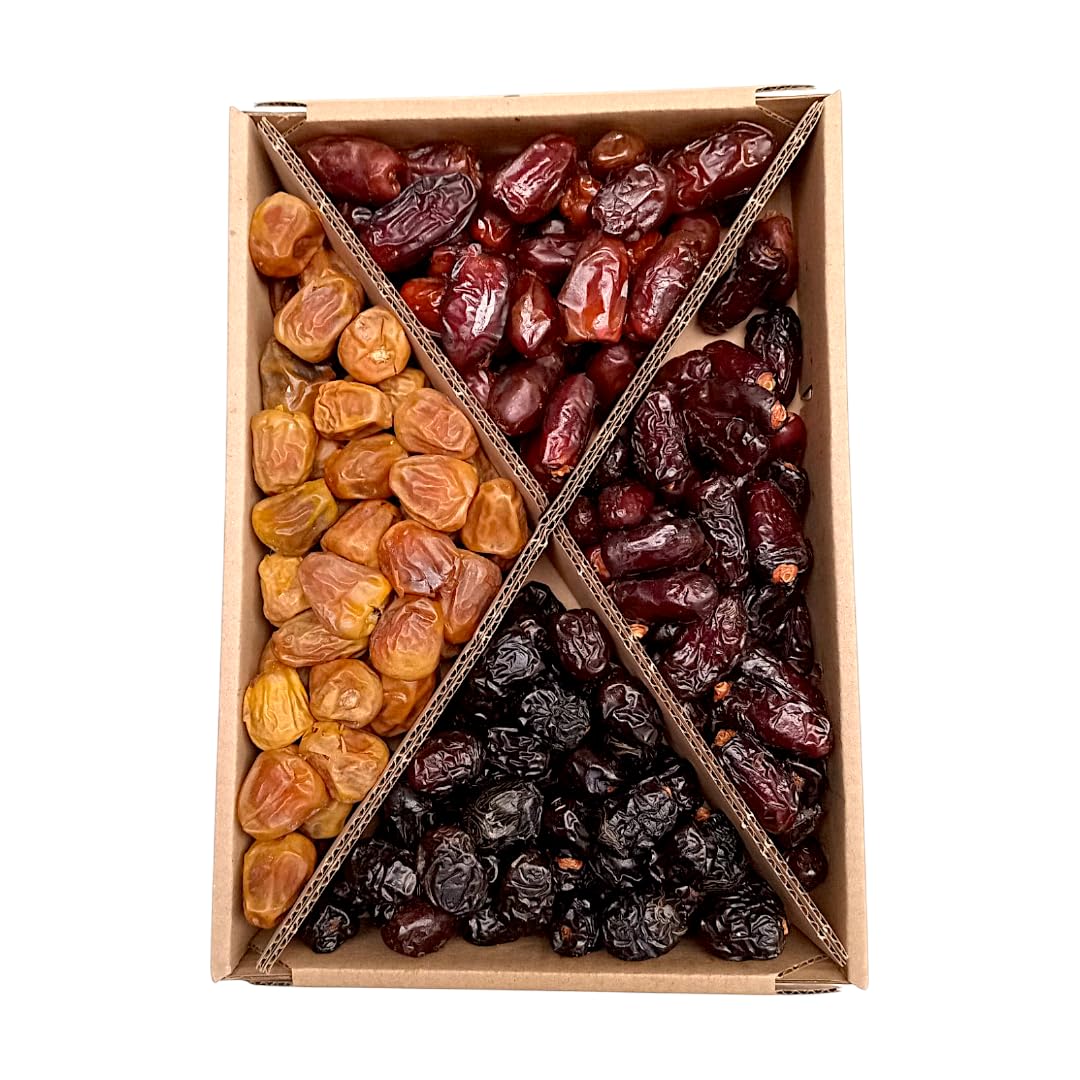 Tomoor Premium Dattes Mix Box, 2kg, Ajwa, Safawi, Khodari et Sukkari Dattes d'Arabie Saoudite, Source d'énergie naturelle