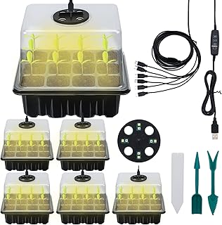 Gabrella Seed Starter Tray with Grow Light, 6 Pack Seed Starter Kit with Timing Controller Adjustable Brightness, Seedling Starter Trays with Humidity Domes,for Greenhouse Seed Germination