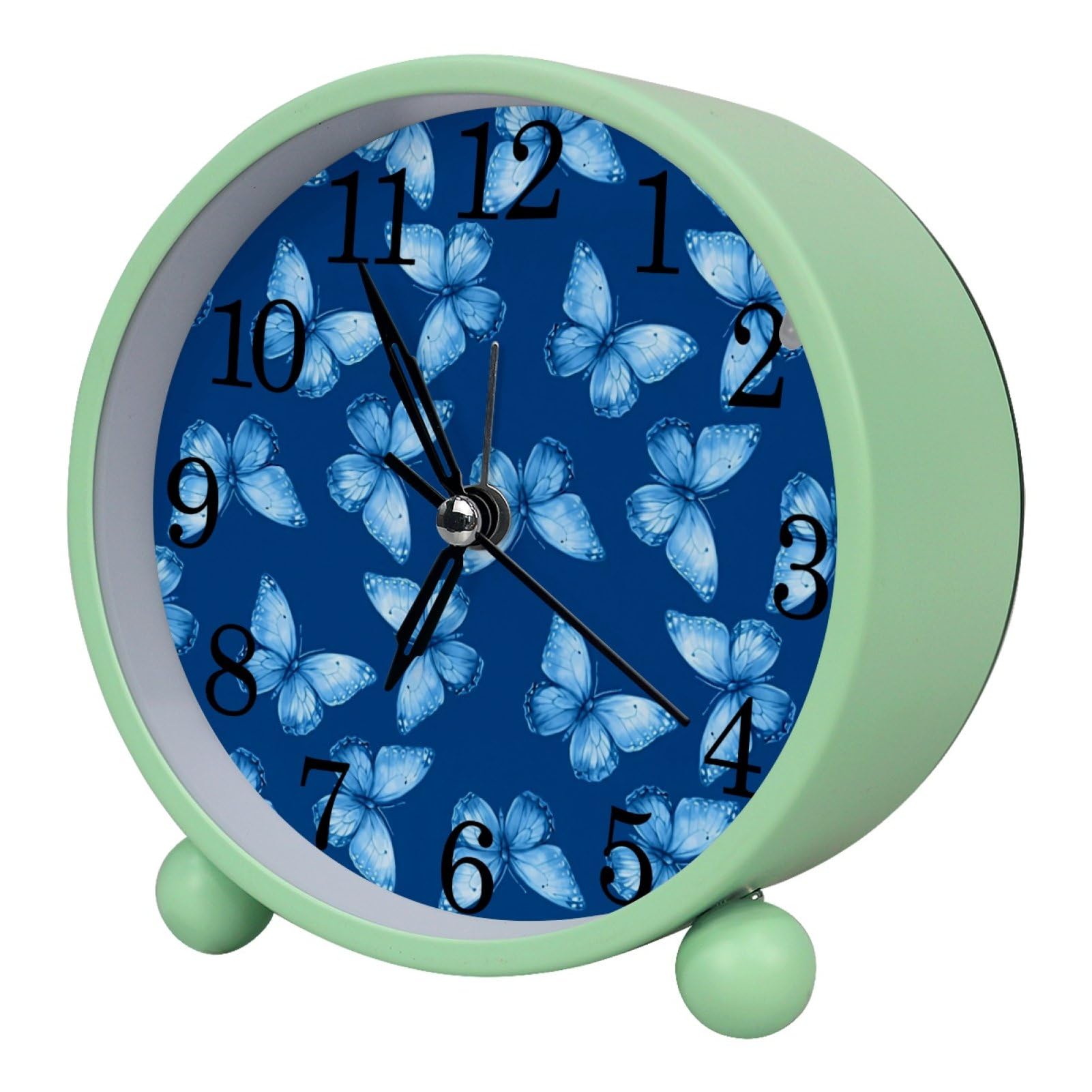etoenbrc Blue Background and Butterfly Round Battery Operated Bedside Alarm Clock Non-Ticking Desktop Silent Analog Alarm Clock with Light