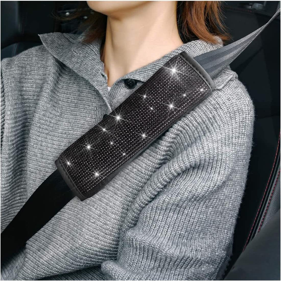 Bling Car Seat Belt Shoulder Pads, 2PCS Rhinestone Crystal Auto Seat Belt Covers, Diamonds Glitter Seatbelt Cushions for Women Girl, Car Decor Accessories for Most Cars, Trucks, SUV (Black)