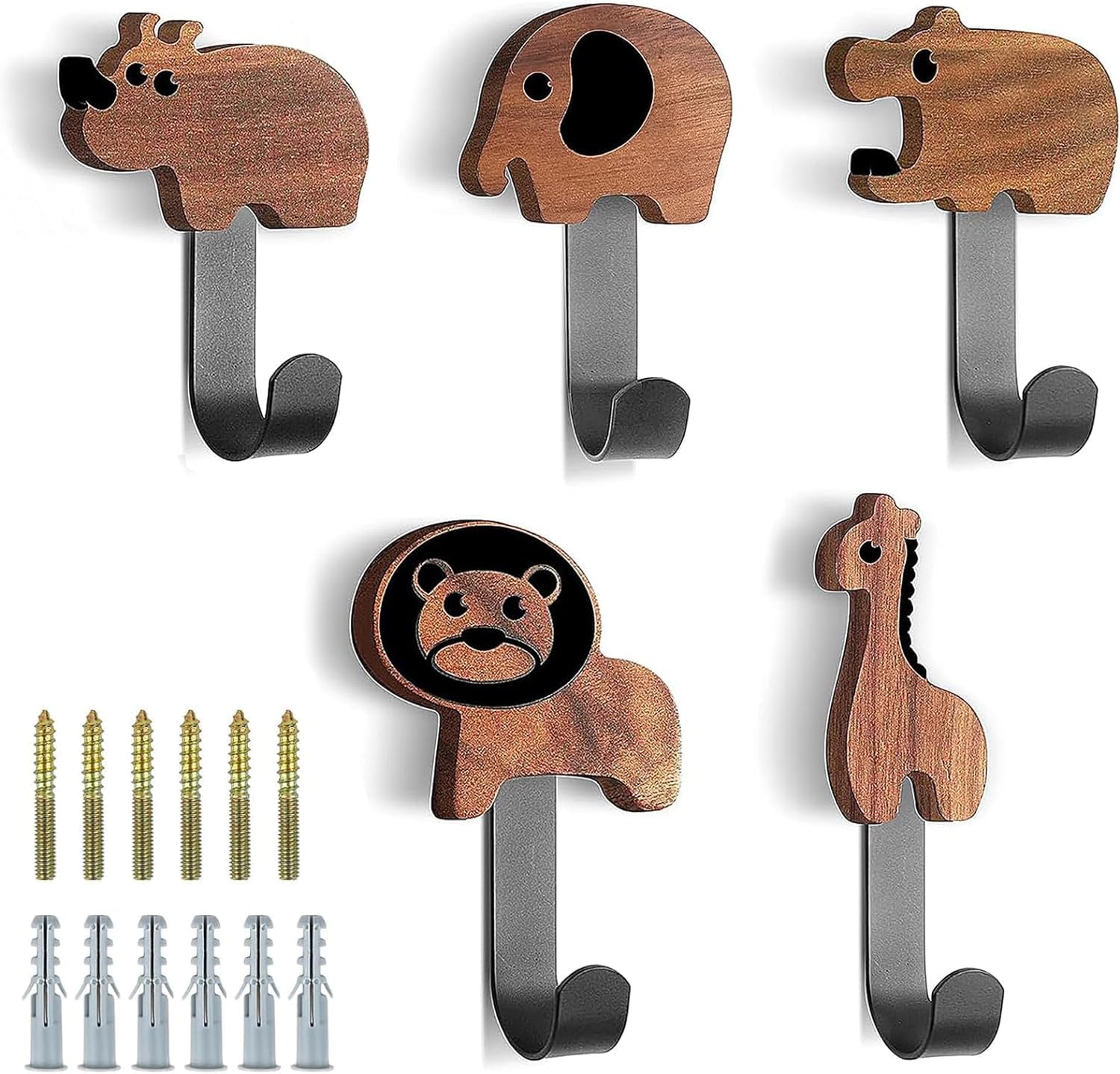 Perchero Infantil de Madera Para Pared - 5 Ganchos de Metal Negros Para Niños, Ideal Para Ropa, Bufanda, Sombrero, Bolsa (5 Animal)