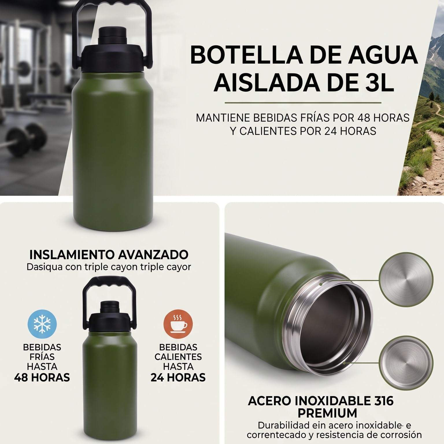 Botella termo aislada de 3L, termo al vacío de acero inoxidable con asa, mantiene las bebidas frías 48 horas y calientes 24 horas para gimnasio de fitness camping al aire libre