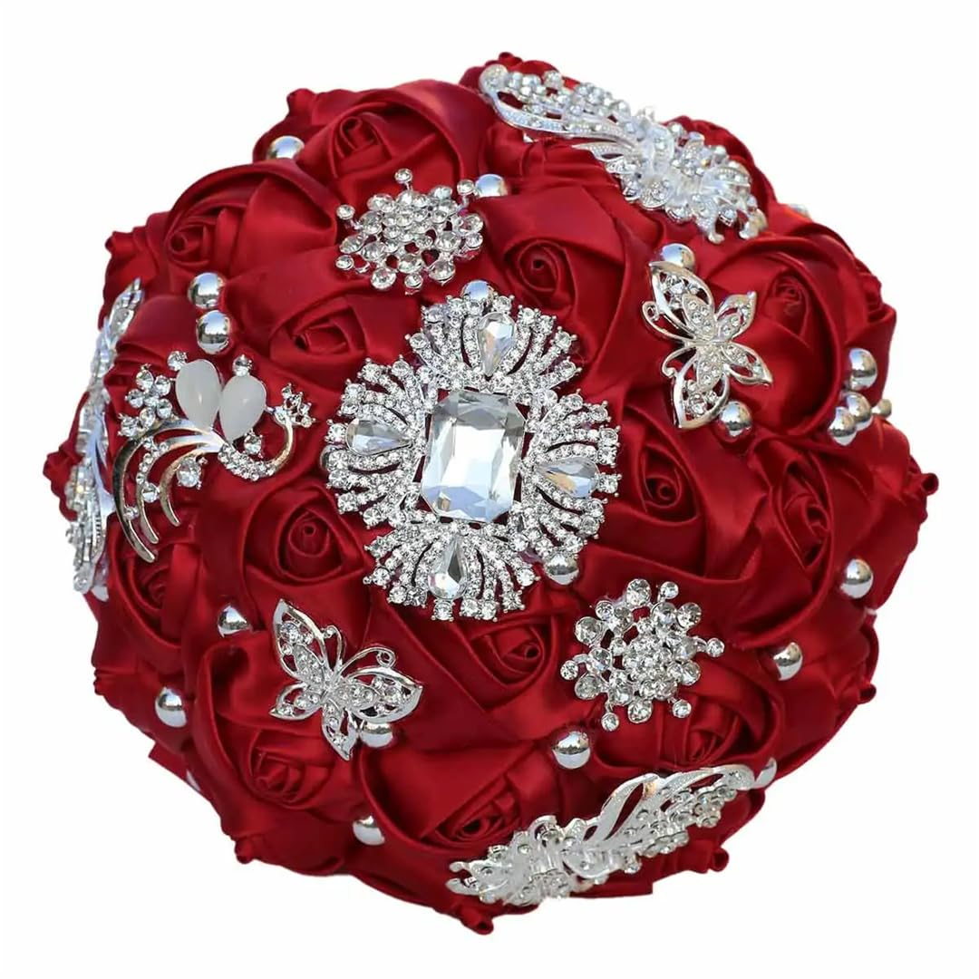 HJRegaFimu Multicolor Bridal Satin Simulation Hand Bouquet Wedding Rhinestone Bridesmaid Gift Eternal W317h 18cm