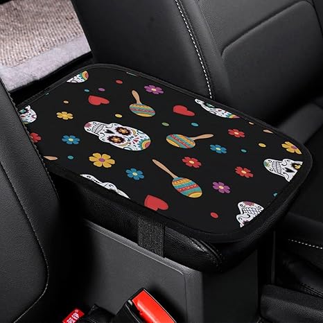 Sugar Skulls Maracas Flowers Hearts Car Center Console Decor Handrail Armrest Box Cushion Interior Covers Car Protector Pad Lid Cover Accessories Universal Fit for Auto Truck Vehicles