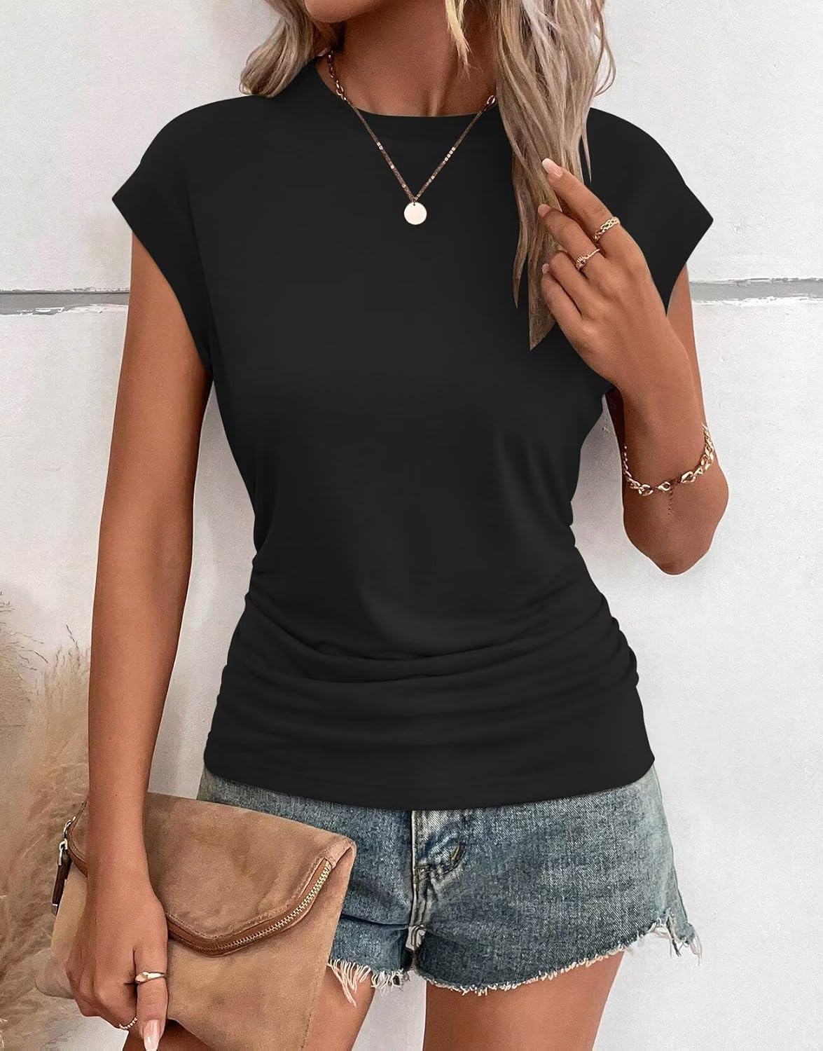 Bliwov 3Pack Womens Summer Cap Sleeve Tops Business Casual Crewneck Ruched T Shirts Trendy Outfits Beach Vacation Clothes - Image 3