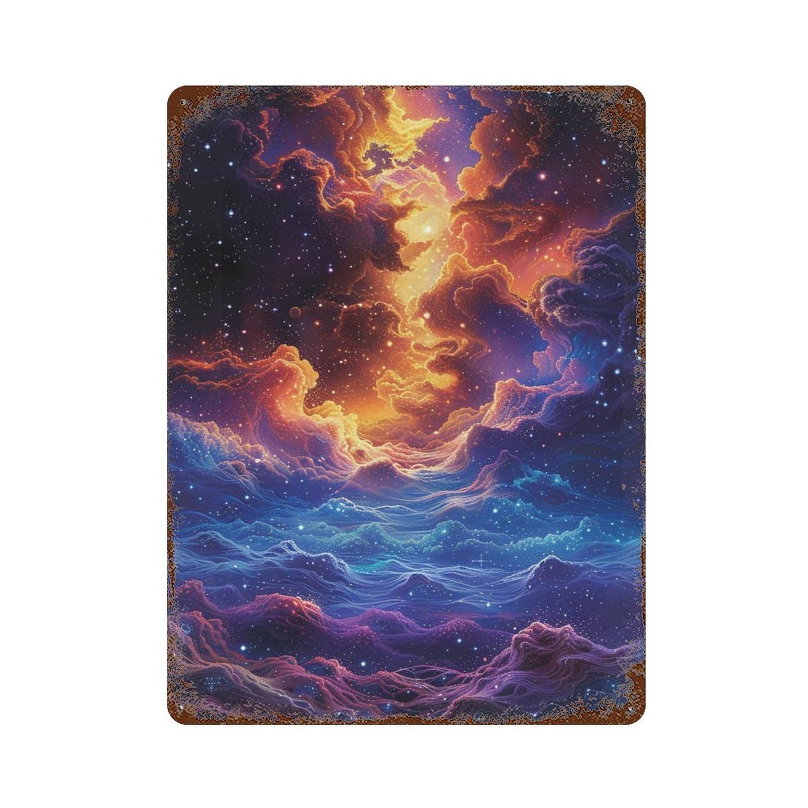 Cosmic Nebula Painting Distressed Metal Wall Sign 15.7"x11.8", Shabby Chic Decor for Garage, Pub Or Kitchen