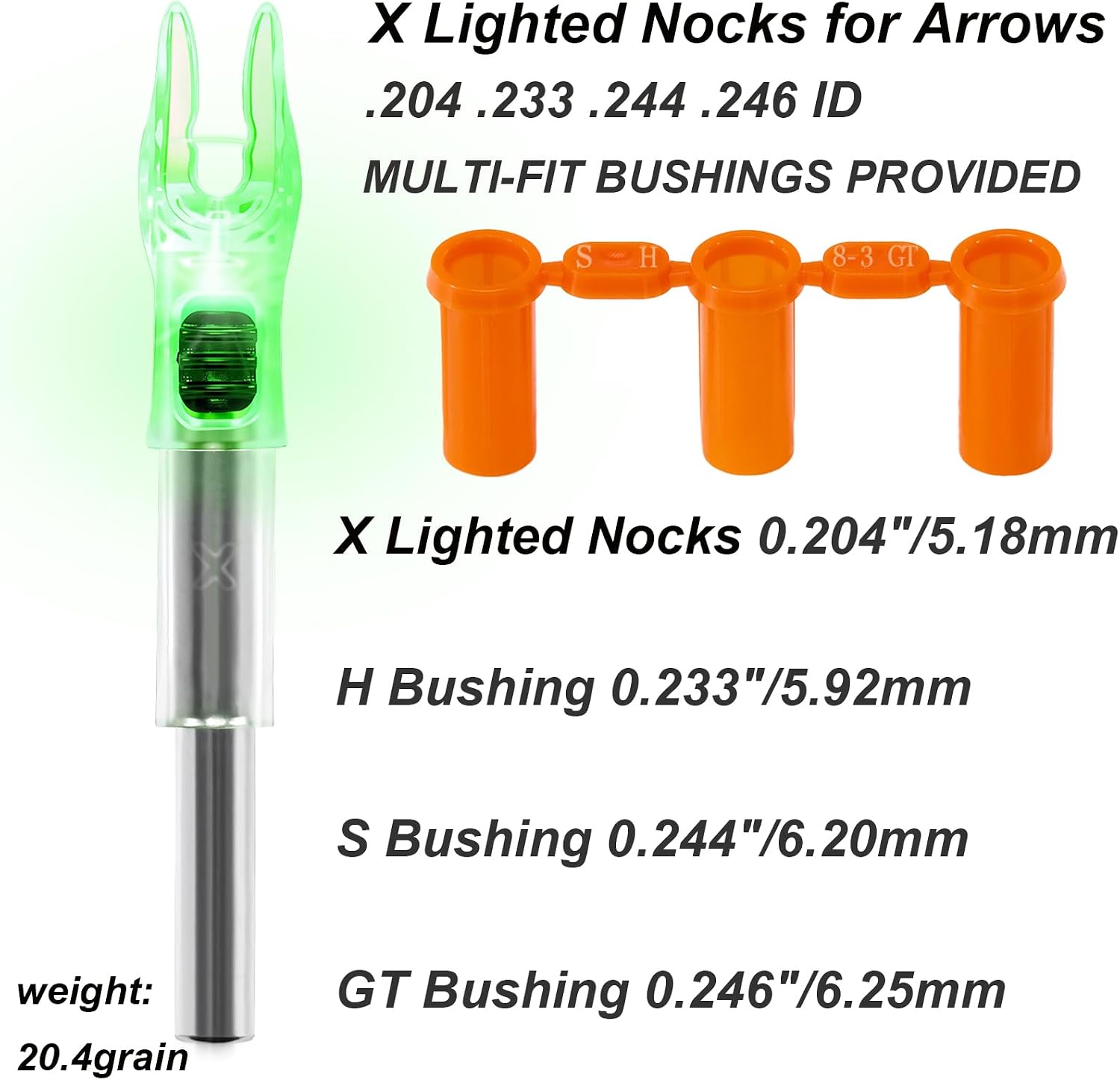 6PCS X Lighted Nocks for Arrows with .204 .233 .244 .246 Inside Diameter with H, S, GT Bushings High-Visibility Lighted Arrow Nocks