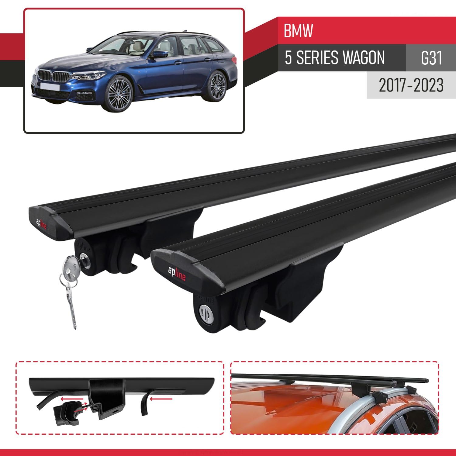Kompatibel mit BMW 5er Serie (G31) Touring 2017-2023 Hook Model Relingträger Dachträger Auto Gepäckträger Schwarz Aluminium 2 Stangen