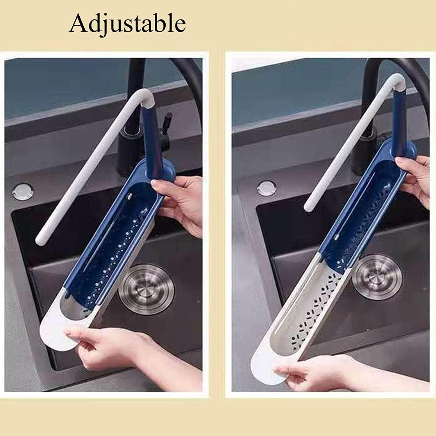 Telescopic Sink Storage Rack, 2025 New Upgrade Adjustable Sink Storage Organizer, Adjustable Drainer Tray Sponge Soap Holder, Multipurpose Kitchen Sink Accessories (blue)