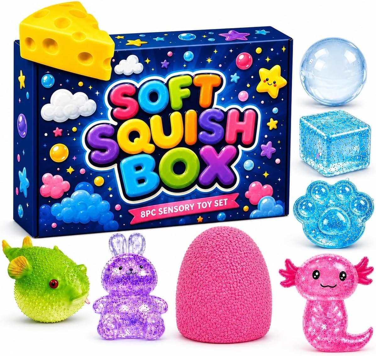 Squishy Box Mystery Set,Soft Squeeze Fidget Toys, Malt Sugar Blind Box 8Pcs(C)