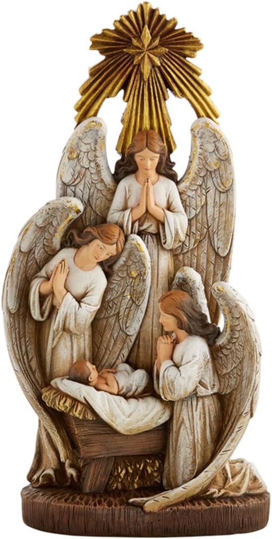 Avalon Gallery Angels in Adoration Over Baby Jesus Resin Figurine, 13-Inch, Angels in Adoration