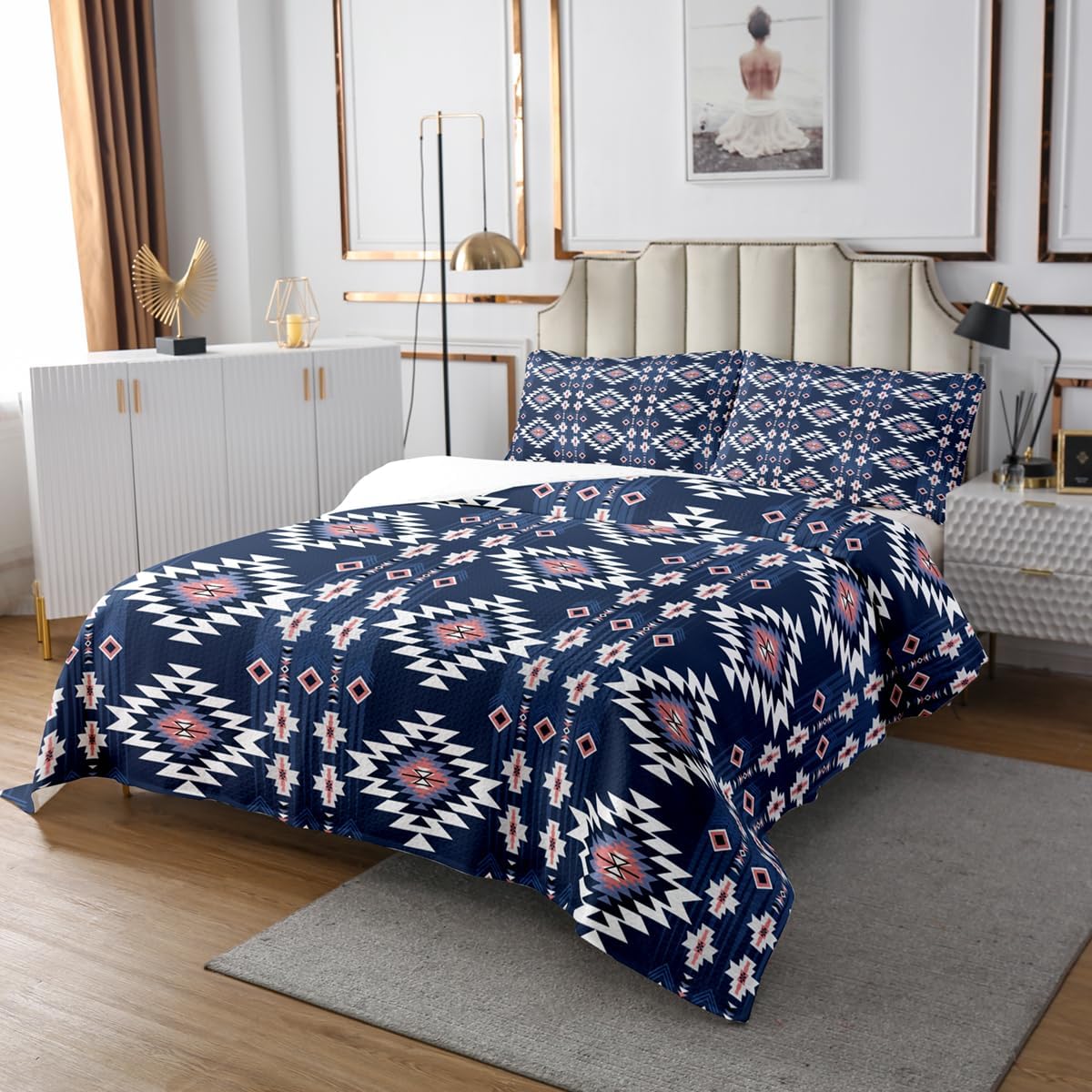 jejeloiu Boho Bedspread Twin Size Aztec Coverlet Set Bohemian Quilted Coverlet for All Season with 1 Pillowcase Geometric Microfiber Lightweight