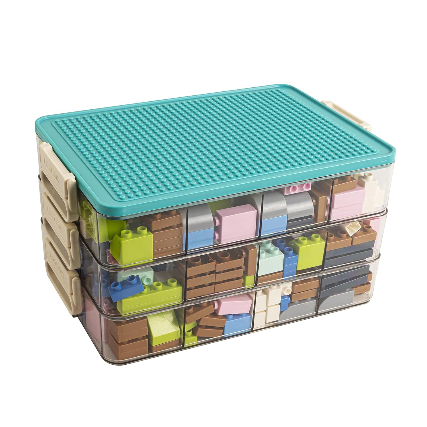 Toys Storage Organizer Bins for Lego, Stackable Toys Organizer, Lego Building Block Storage, Toy Storage Box with 24 Palace Grids, Plastic Stackable Organizer Bins (Green 3layers)