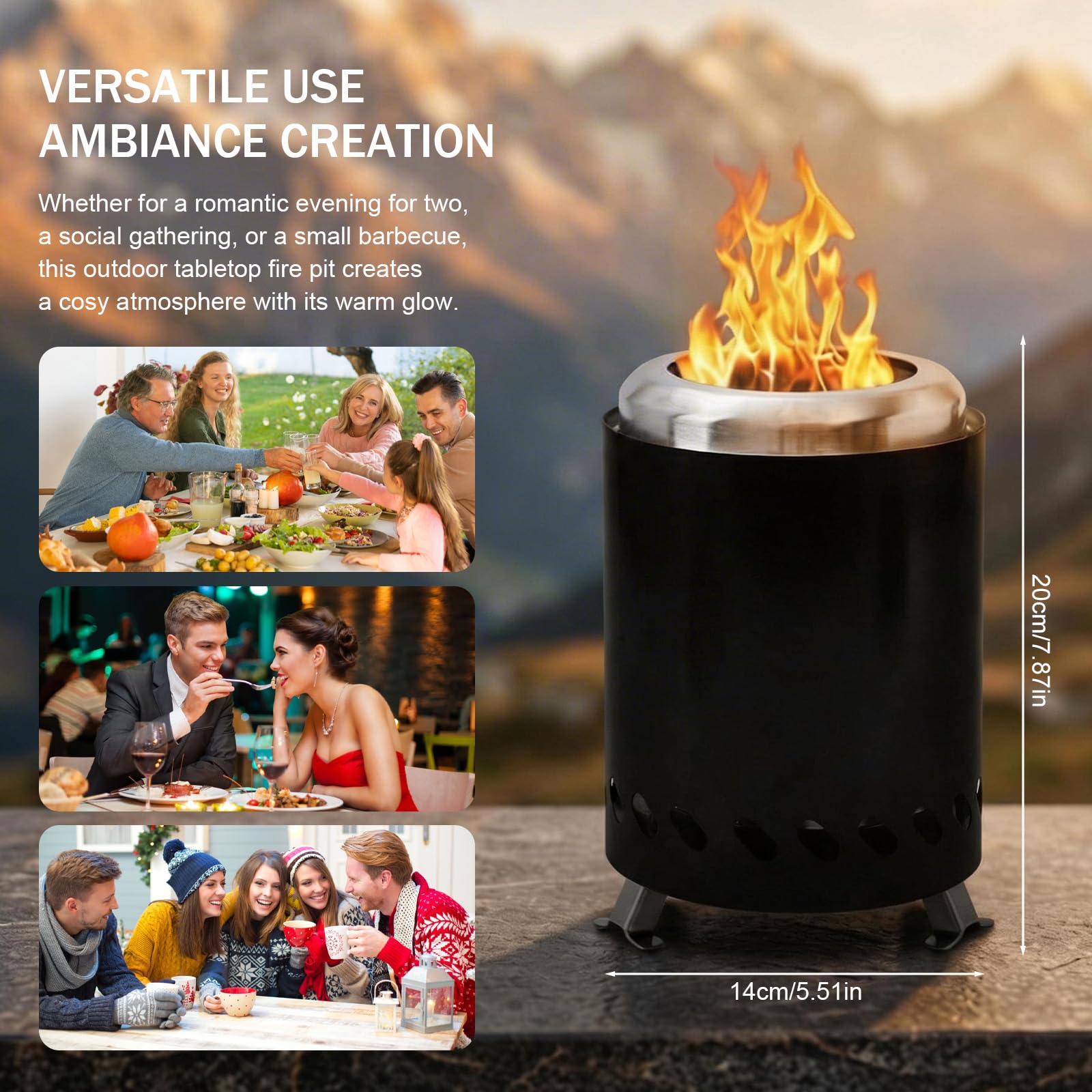 Rauchfreie Tischkamin Outdoor, Edelstahl Feuertonne Mini Feuerstelle für Balkon Terrasse Camping, Tragbare Feuerschale mit Tragetasche, Betrieben mit Pellets oder Holz, 20x14cm Schwarz - 2