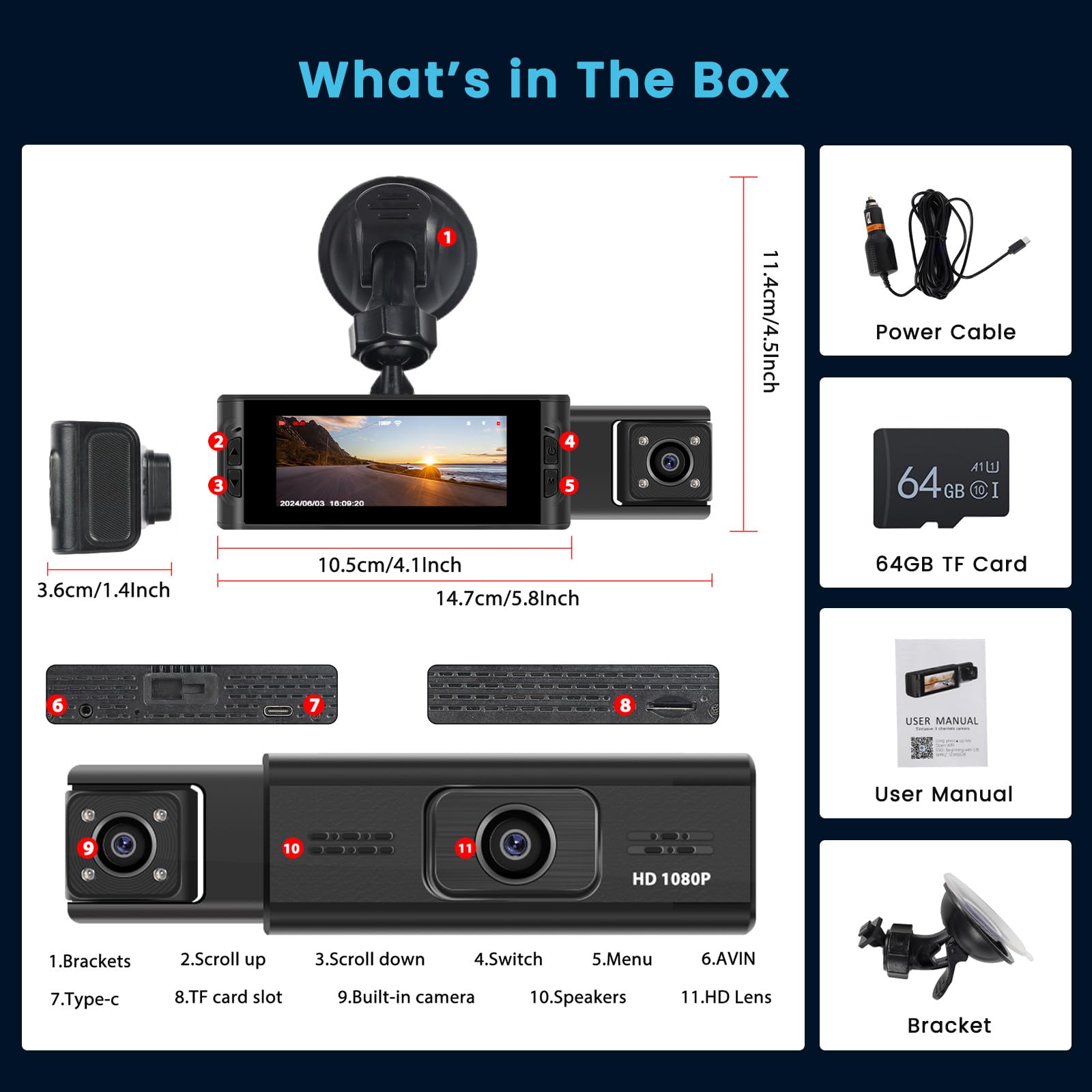 Inefala WiFi Dash CAM Coche con Tarjeta SD de 64GB, Camara Coche Grabadora con 2 Camaras 1080P Frontal e Interior, Grabación en Bucle Sensor G Visión Nocturna