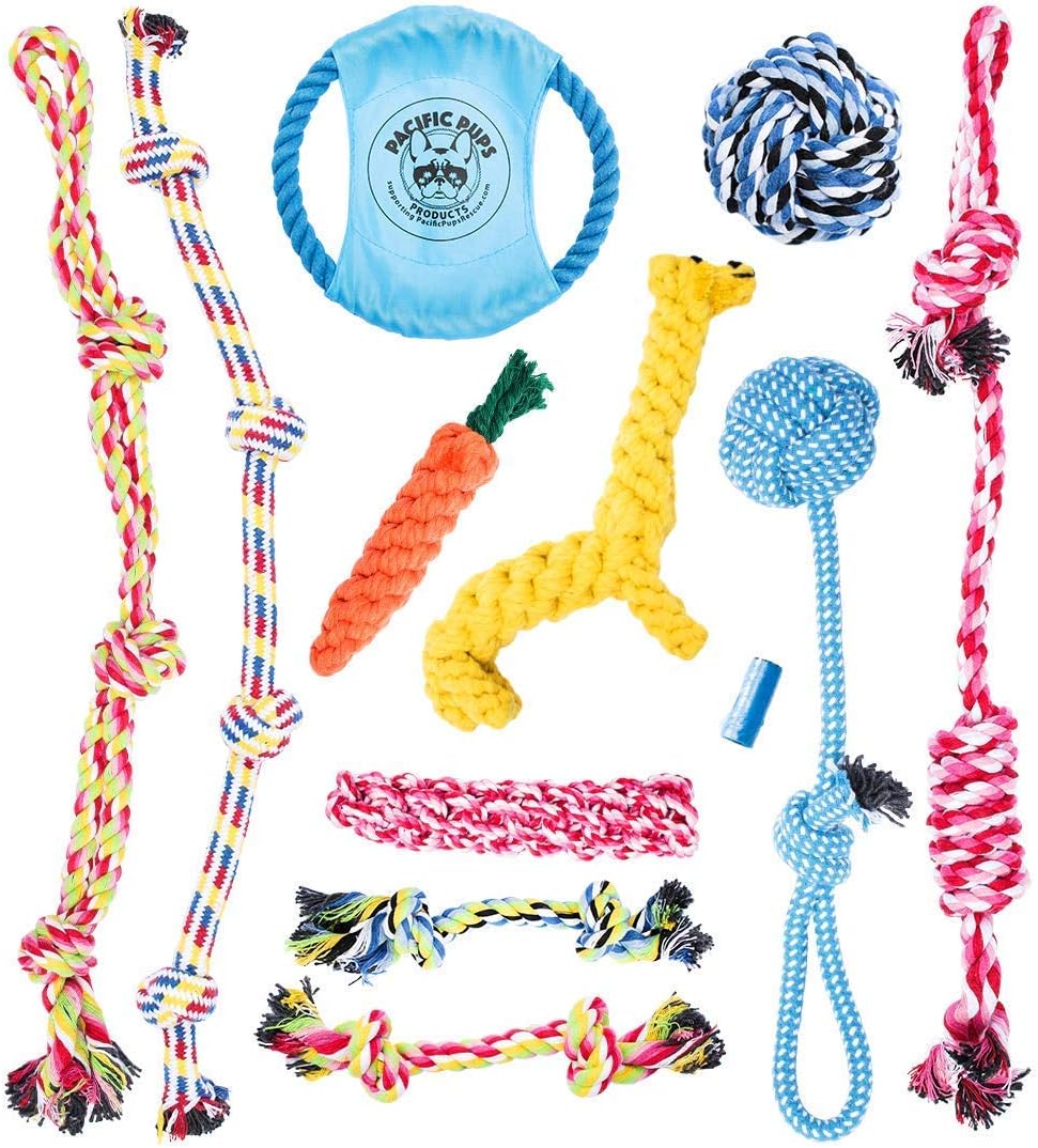Pacific Pups Products for Dogs - Dog Toys for Aggressive Chewers, 11 Heavy Duty Dog Chew Toys for Aggressive Chewers, Cotton Puppy Chew Toys for Teething, Dogs Toys, Benefits Non-Profit Dog Rescue