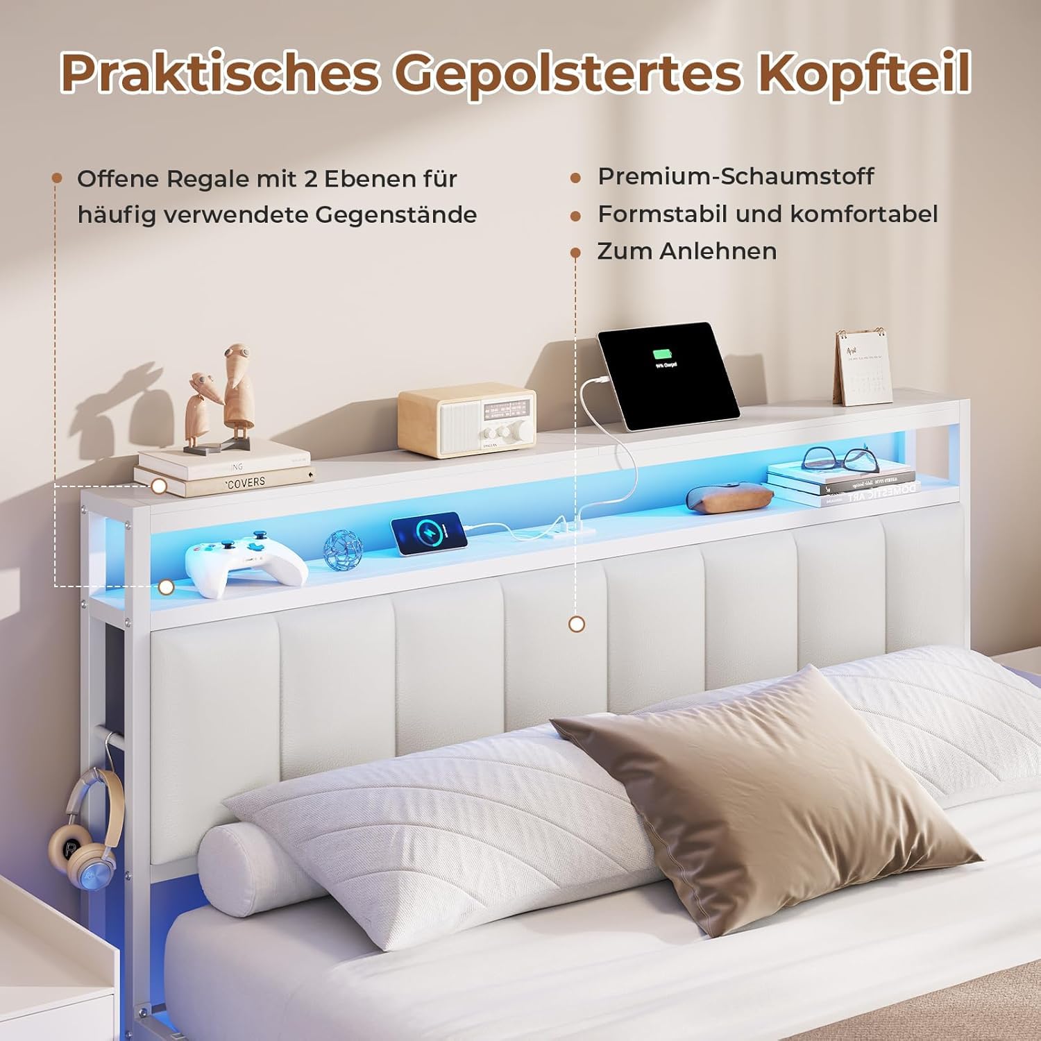 AOGLLATI Cama 140 x 190 cm con Iluminación LED y Estación de Carga, Camas Matrimoniales con Cabecero Tapizado en PU, Cama Matrimonio con Espacio de Almacenamiento, Diseño Visual Flotante, Blanco
