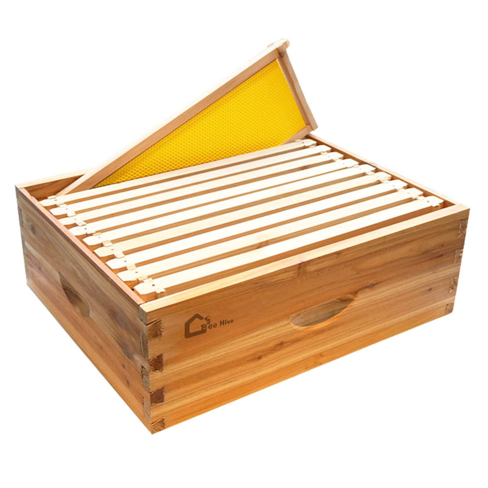 Kit de Ruche 10 Cadres Compatible Langstroth, Cèdre Imprégné à la Cire d'Abeille 100% Naturelle, Étanche, Pré-percé pour Assemblage Facile, Inclut Cadres et Fondations en Cire, Durable et Extensible